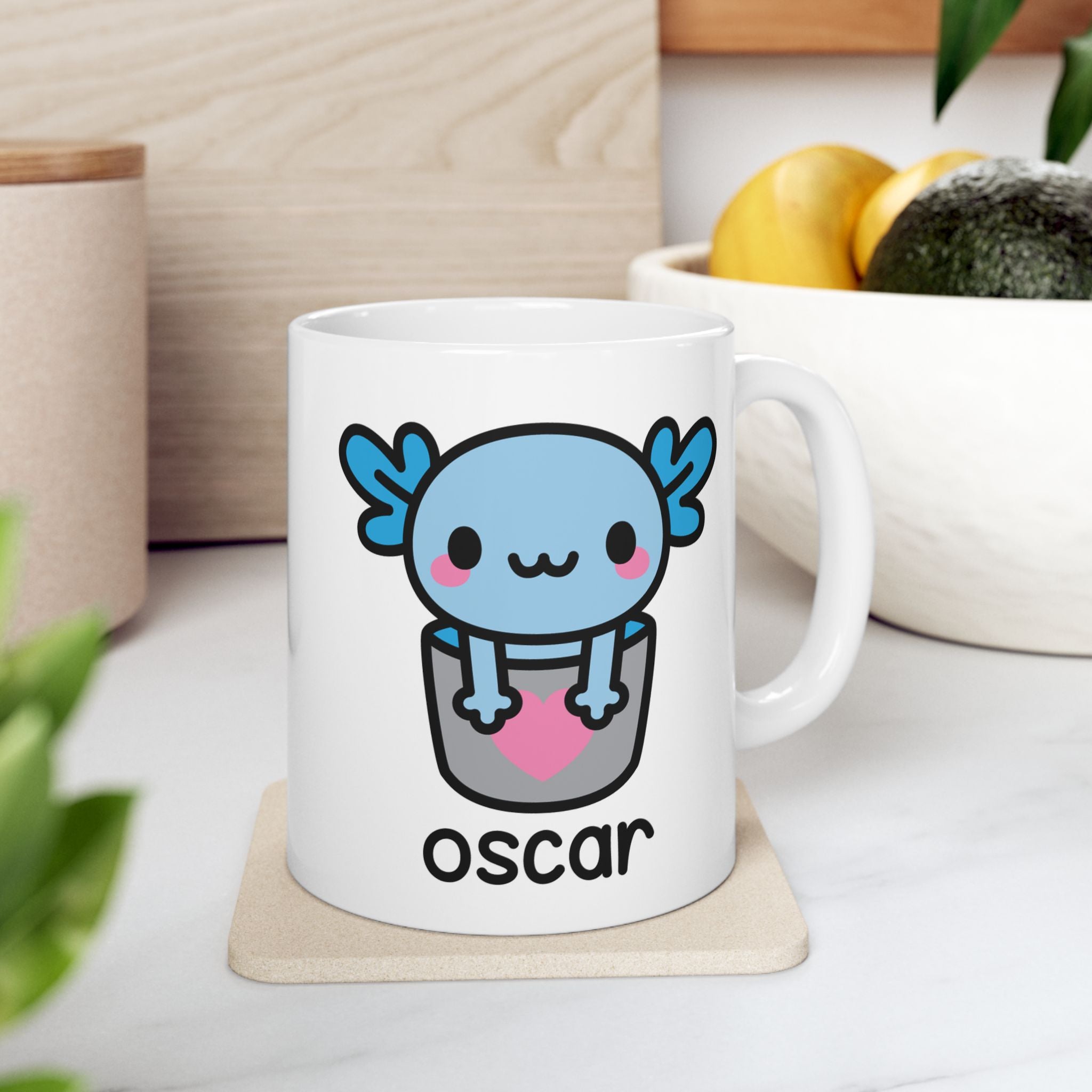 Bucket Of Blue Axolotl Personalised Name Mug On Kitchen Background