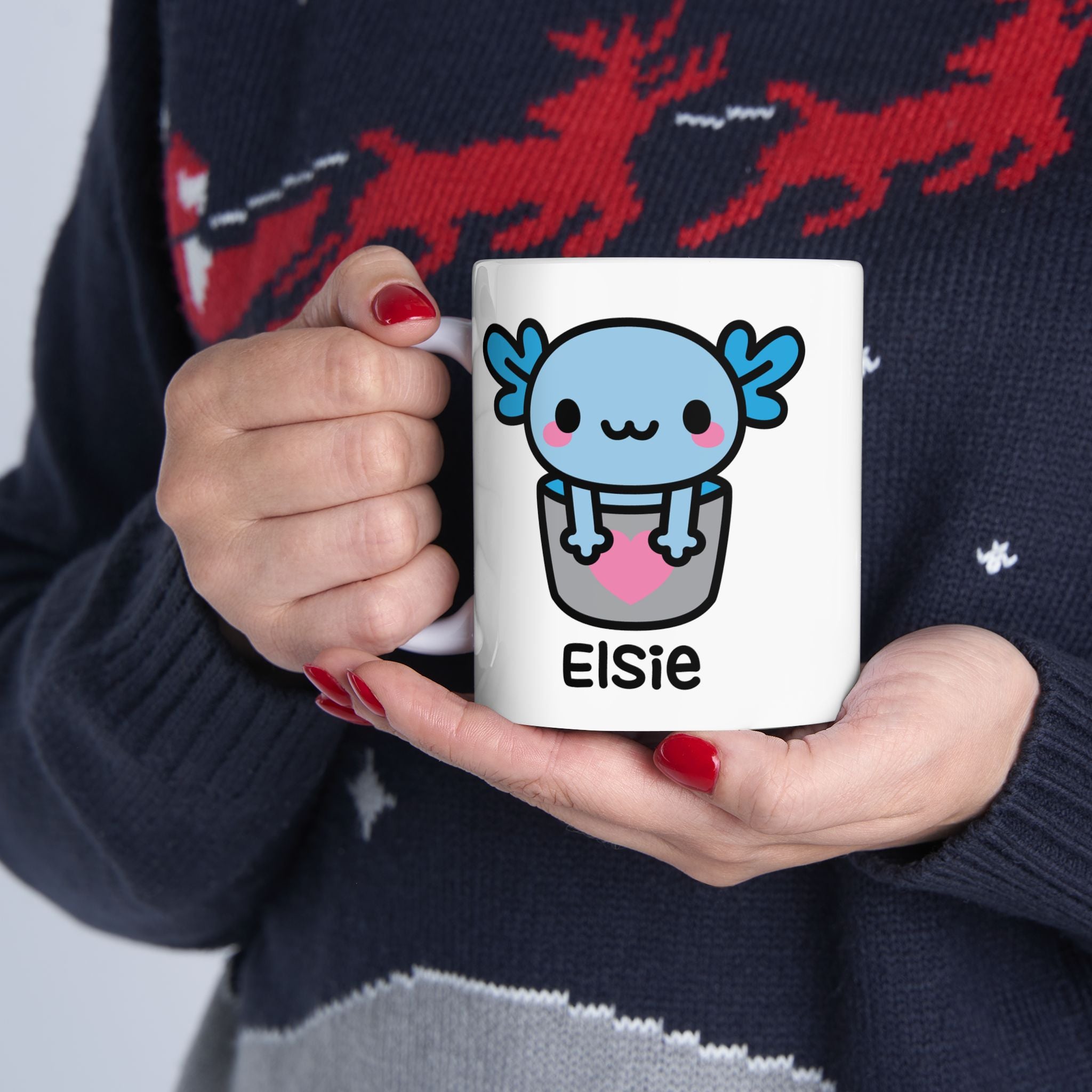 Bucket Of Blue Axolotl Personalised Name Mug Held by Festive Person