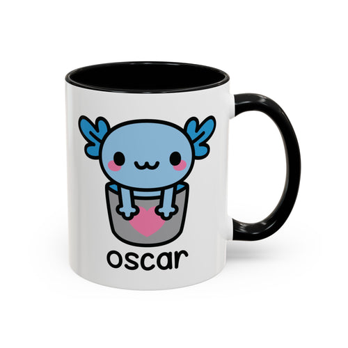 Bucket Of Blue Axolotl Personalised Name Mug On White Background With Black Accent Colour