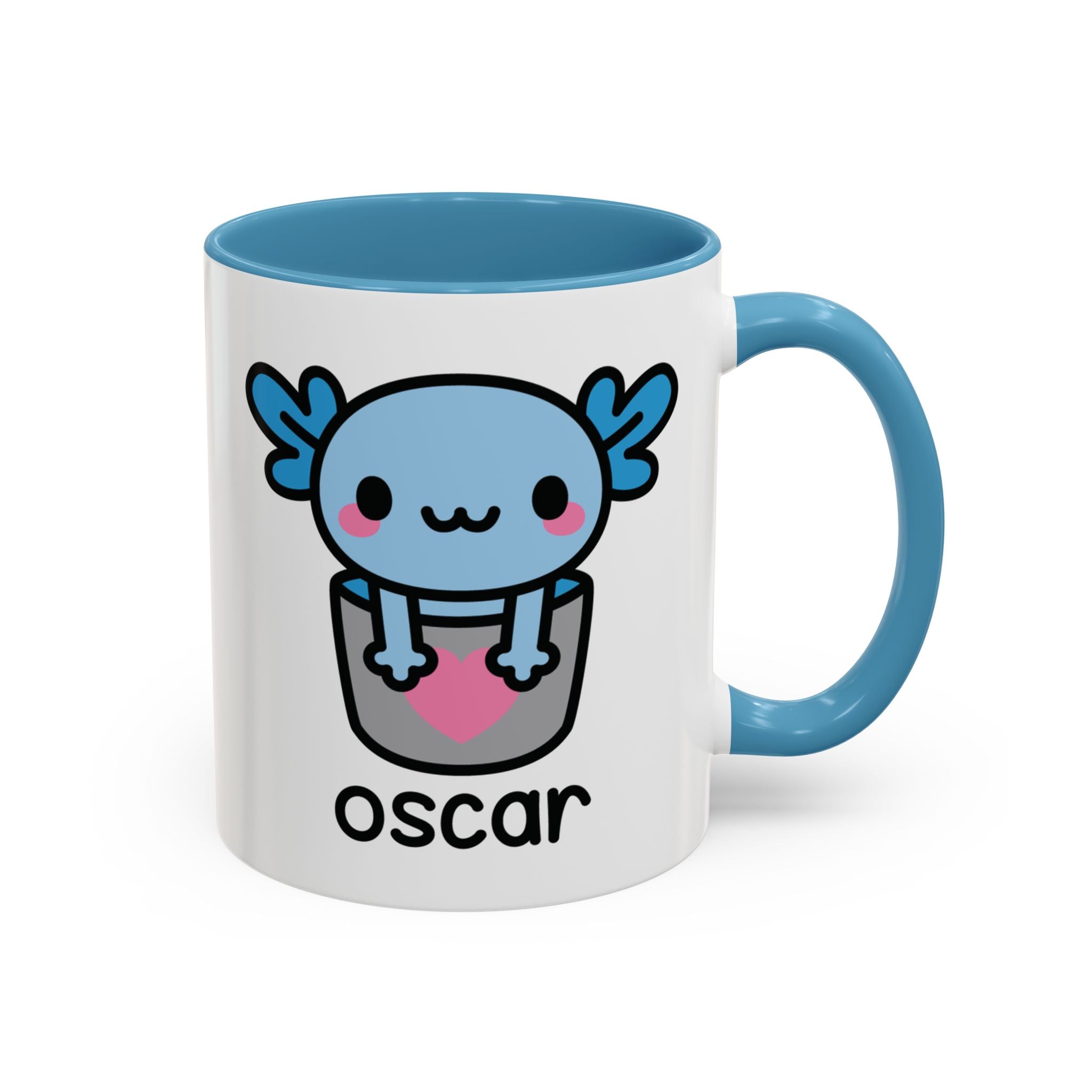 Bucket Of Blue Axolotl Personalised Name Mug On White Background With Blue Accent Colour