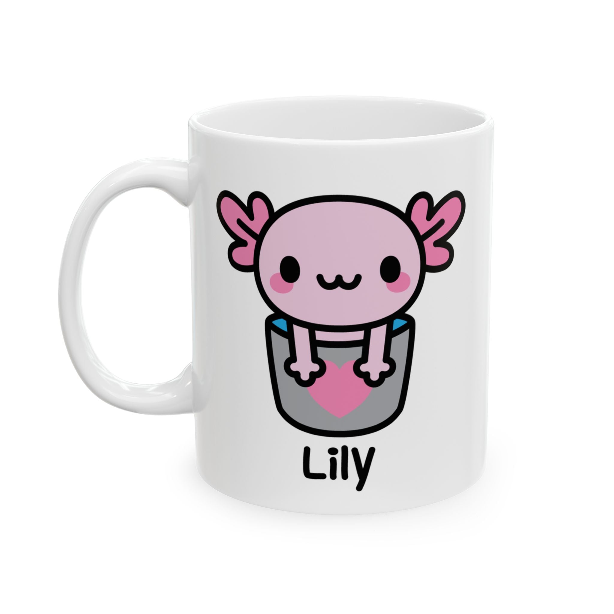Bucket Of Pink Axolotl Personalised Name Mug On White Background