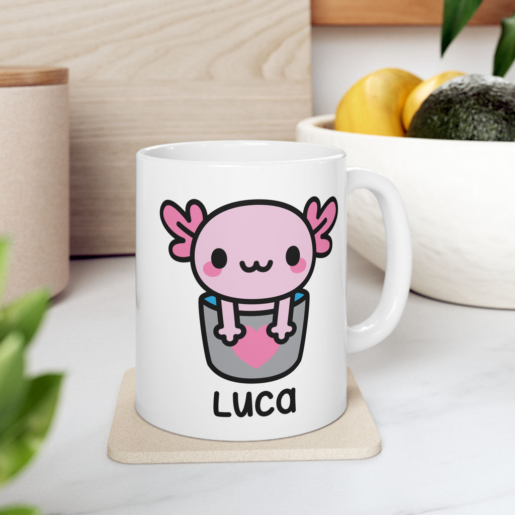 Bucket Of Pink Axolotl Personalised Name Mug On Kitchen Background With Fruit