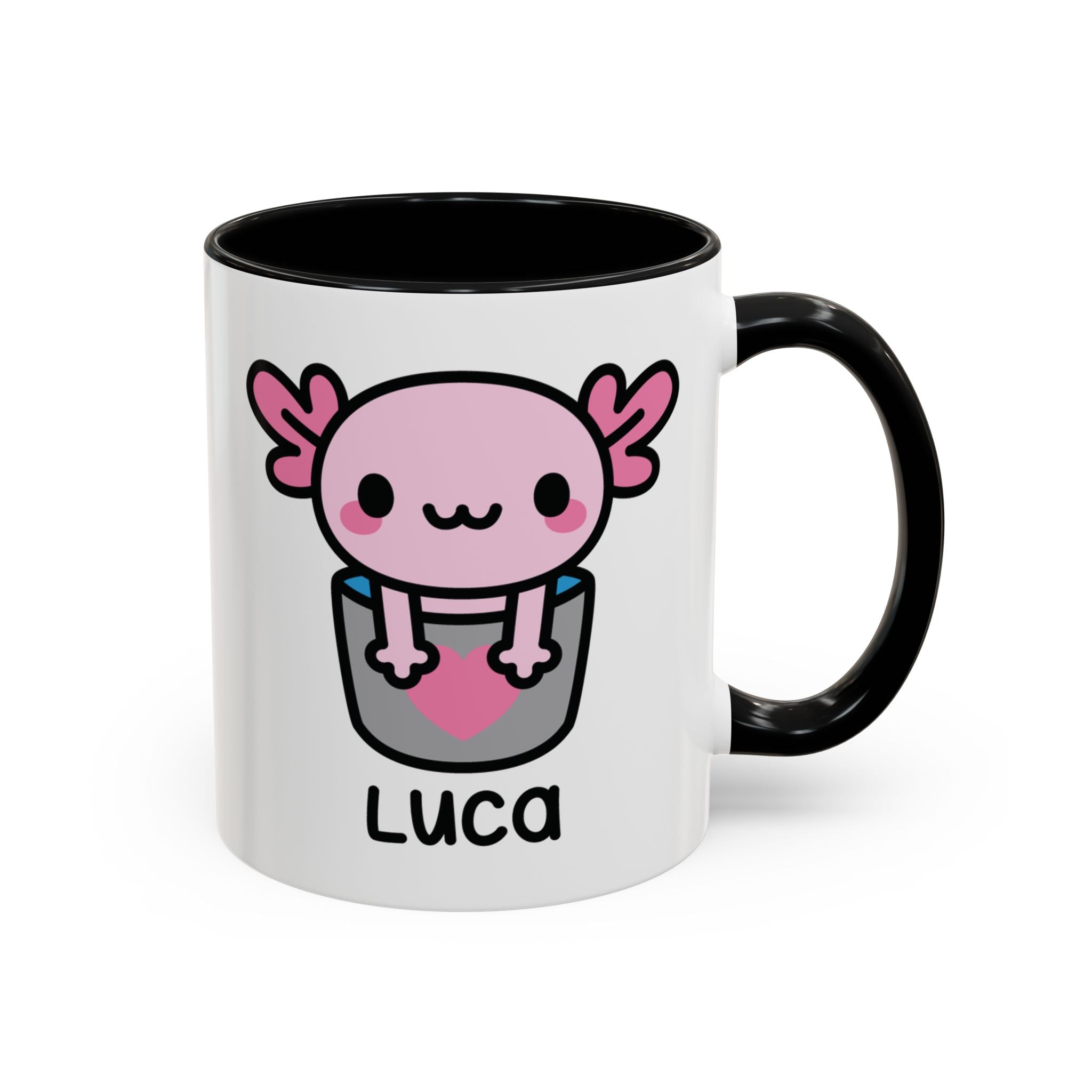 Bucket Of Pink Axolotl Personalised Name Mug On White Background With Black Accent Colour