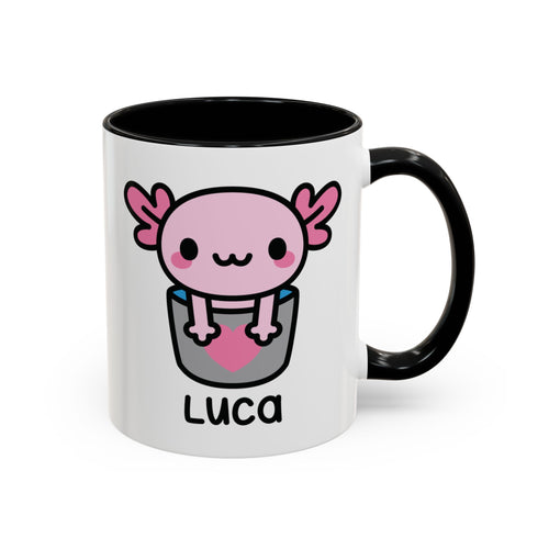 Bucket Of Pink Axolotl Personalised Name Mug On White Background With Black Accent Colour