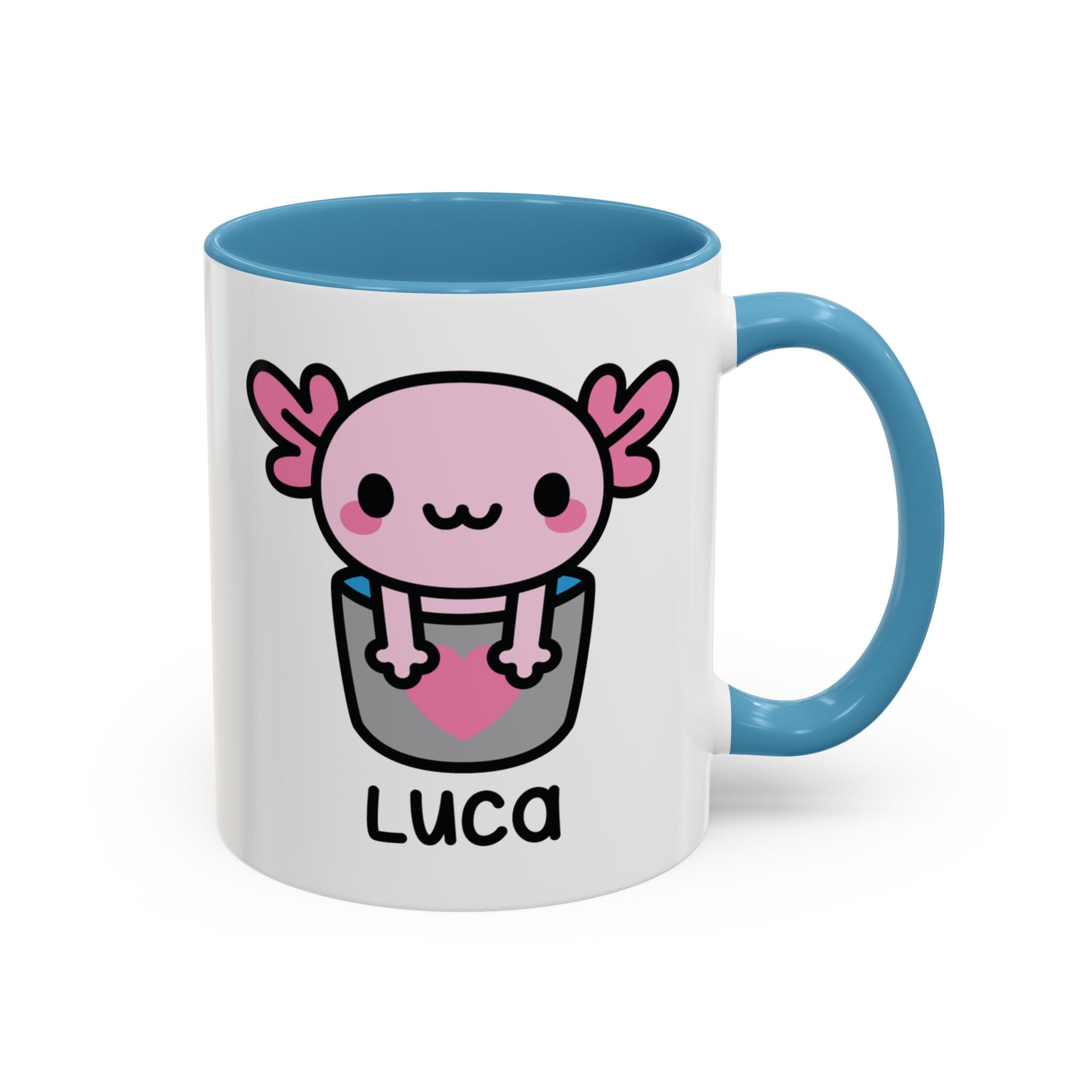 Bucket Of Pink Axolotl Personalised Name Mug On White Background With Blue Accent Colour