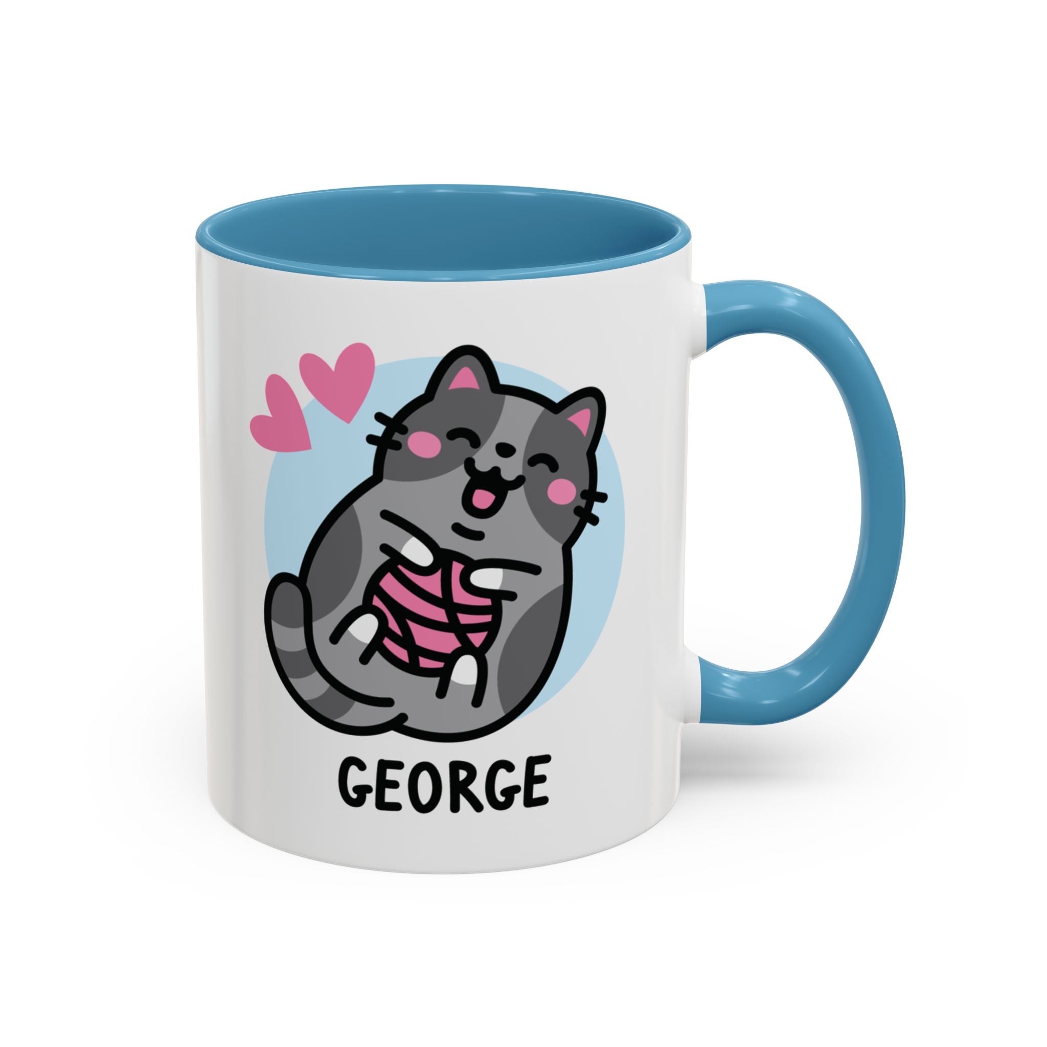 Cat Ball Of Yarn Custom Coffee Mug On White Background With Blue Accent Colour