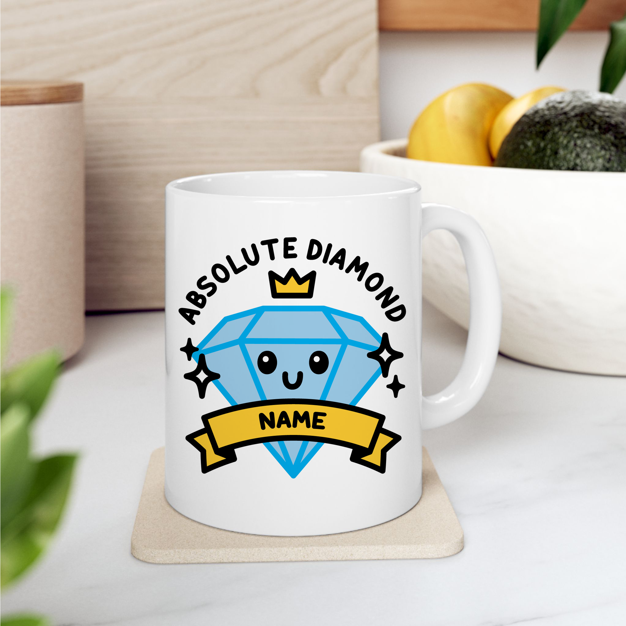 Cute Absolute Diamond Custom Coffee Mug on kitchen background