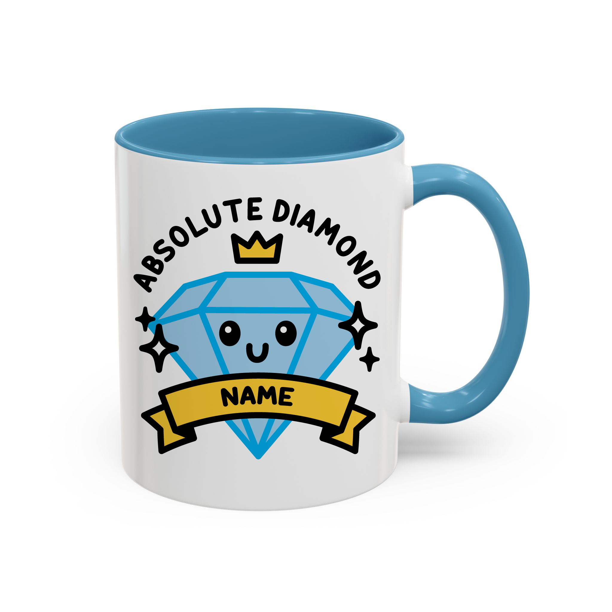 Cute Absolute Diamond Custom Coffee Mug on white background with blue accent colour