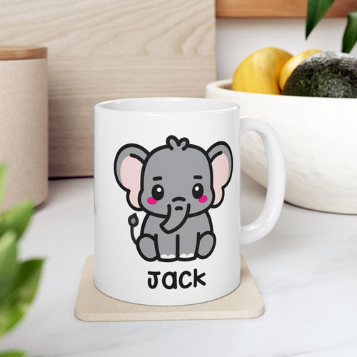 Cute Baby Elephant Personalised Name Mug On Kitchen Background