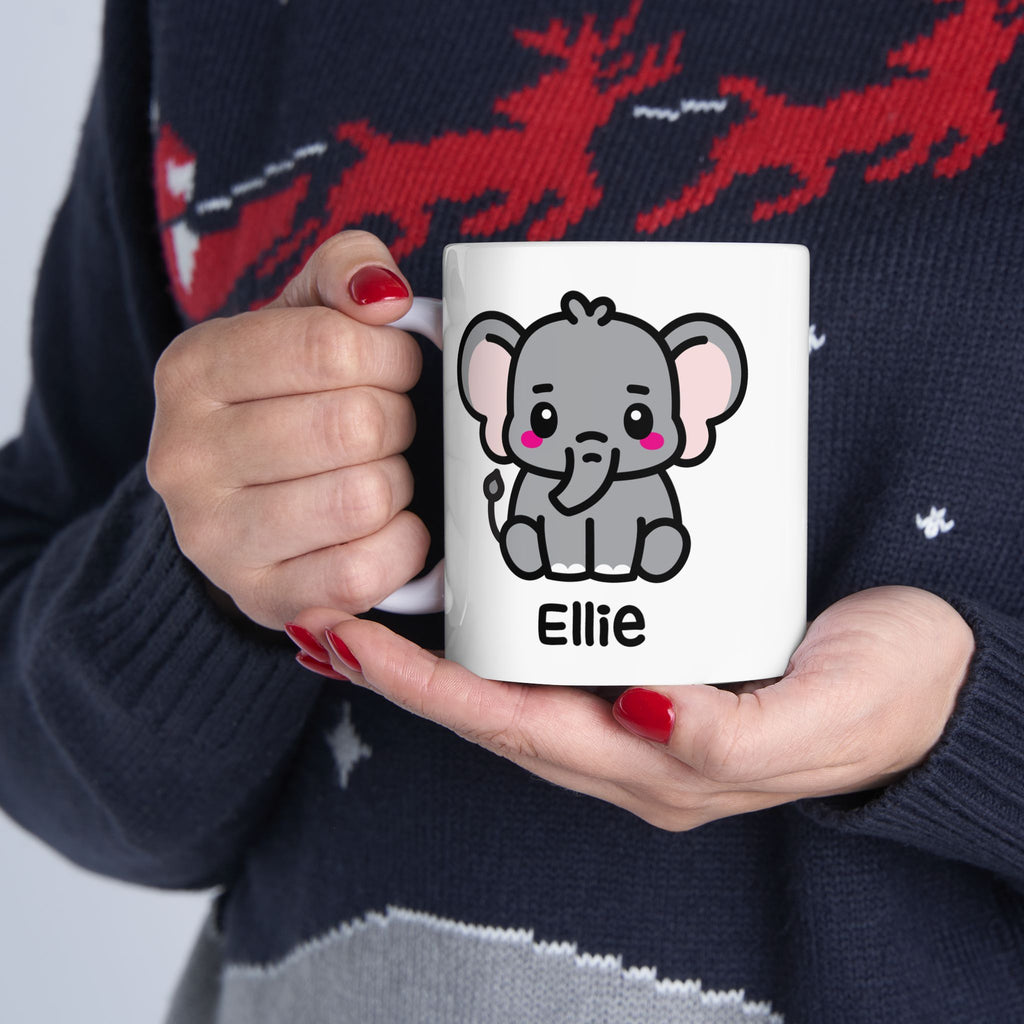 Cute Baby Elephant Personalised Name Mug Held By Person