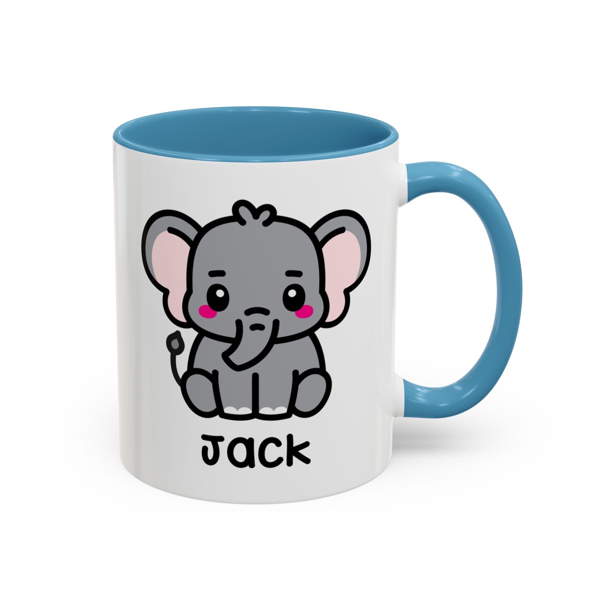 Cute Baby Elephant Personalised Name Mug on White Background With Blue Accent Colour
