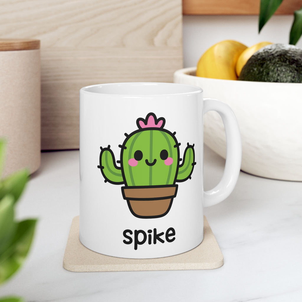 Cute Cactus Hugger Personalised Name Mug On Kitchen Background