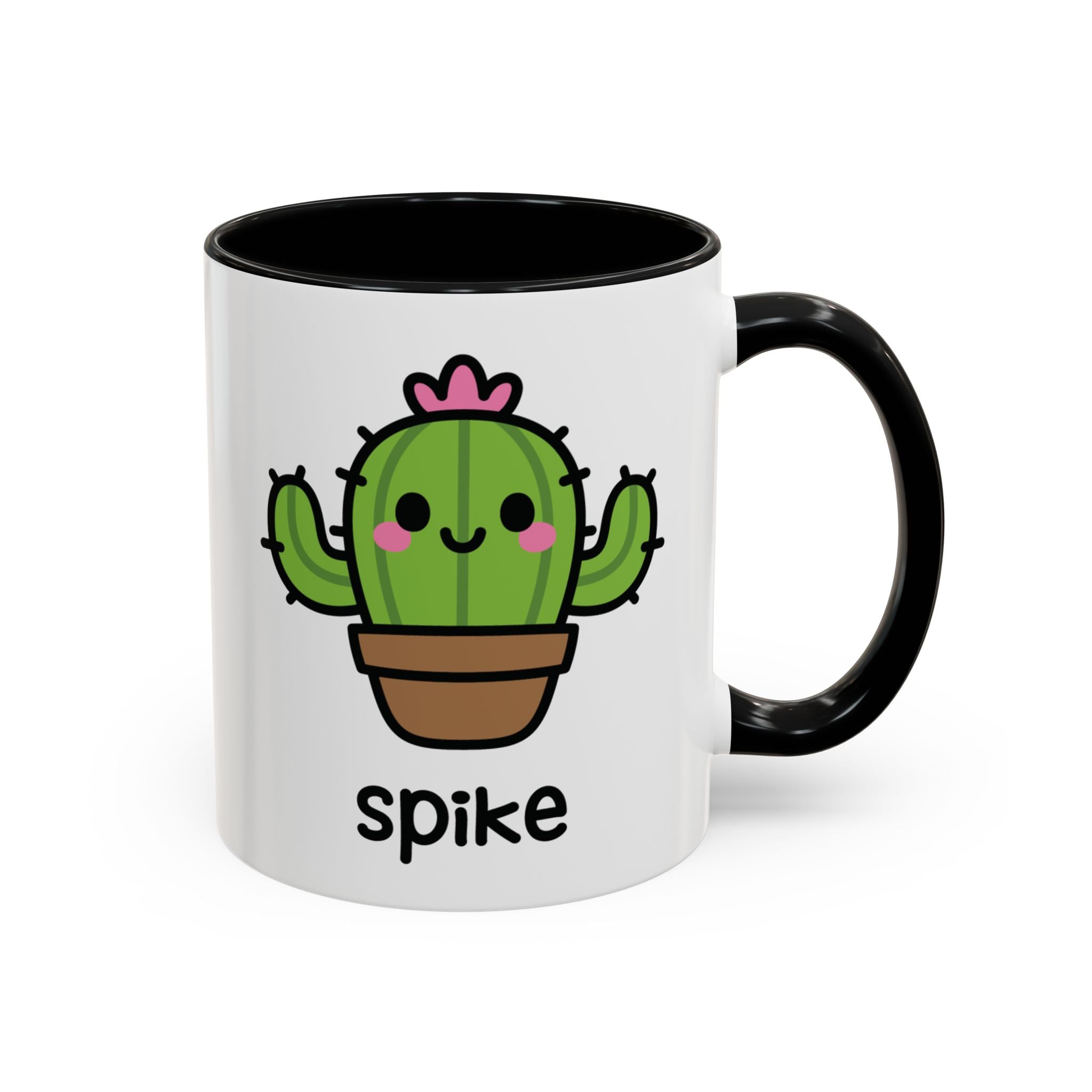 Cute Cactus Hugger Personalised Name Mug on White Background With Black Accent Colour