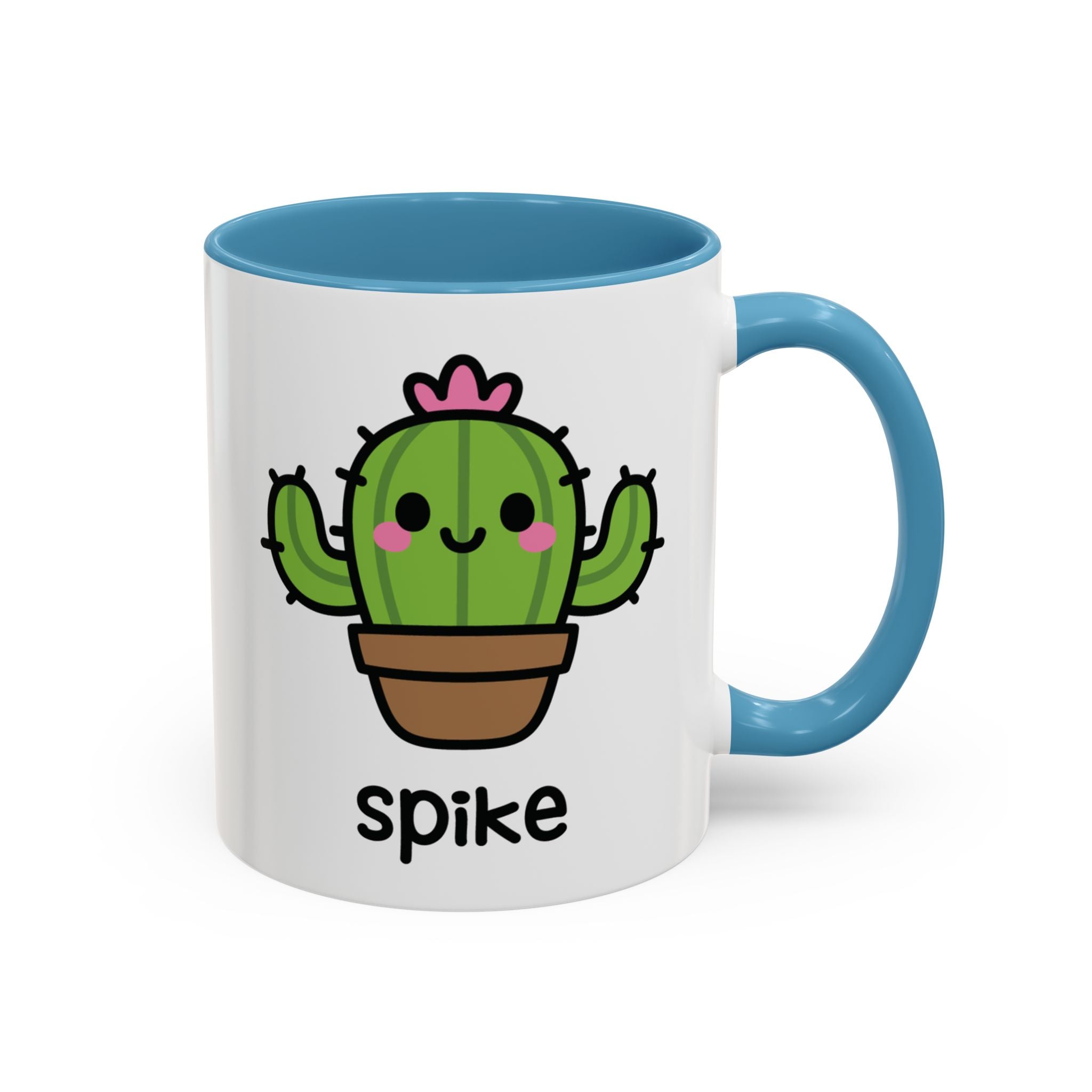 Cute Cactus Hugger Personalised Name Mug on White Background With Blue Accent Colour