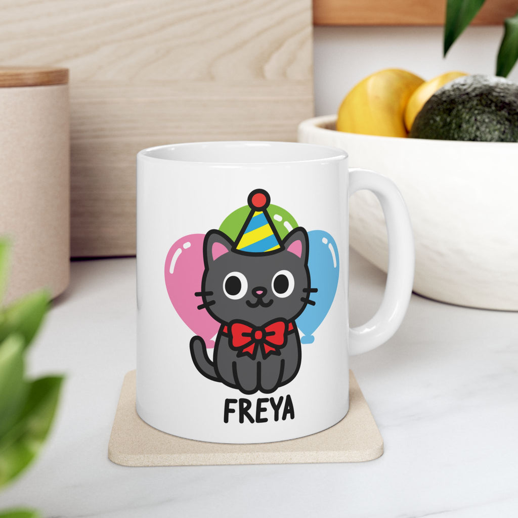 Cute Cat, Party Hat Custom Name Mug On A Kitchen Background