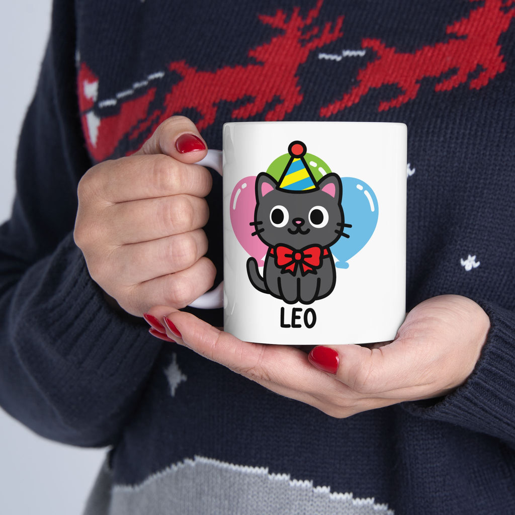 Cute Cat, Party Hat Custom Name Mug held by festive person