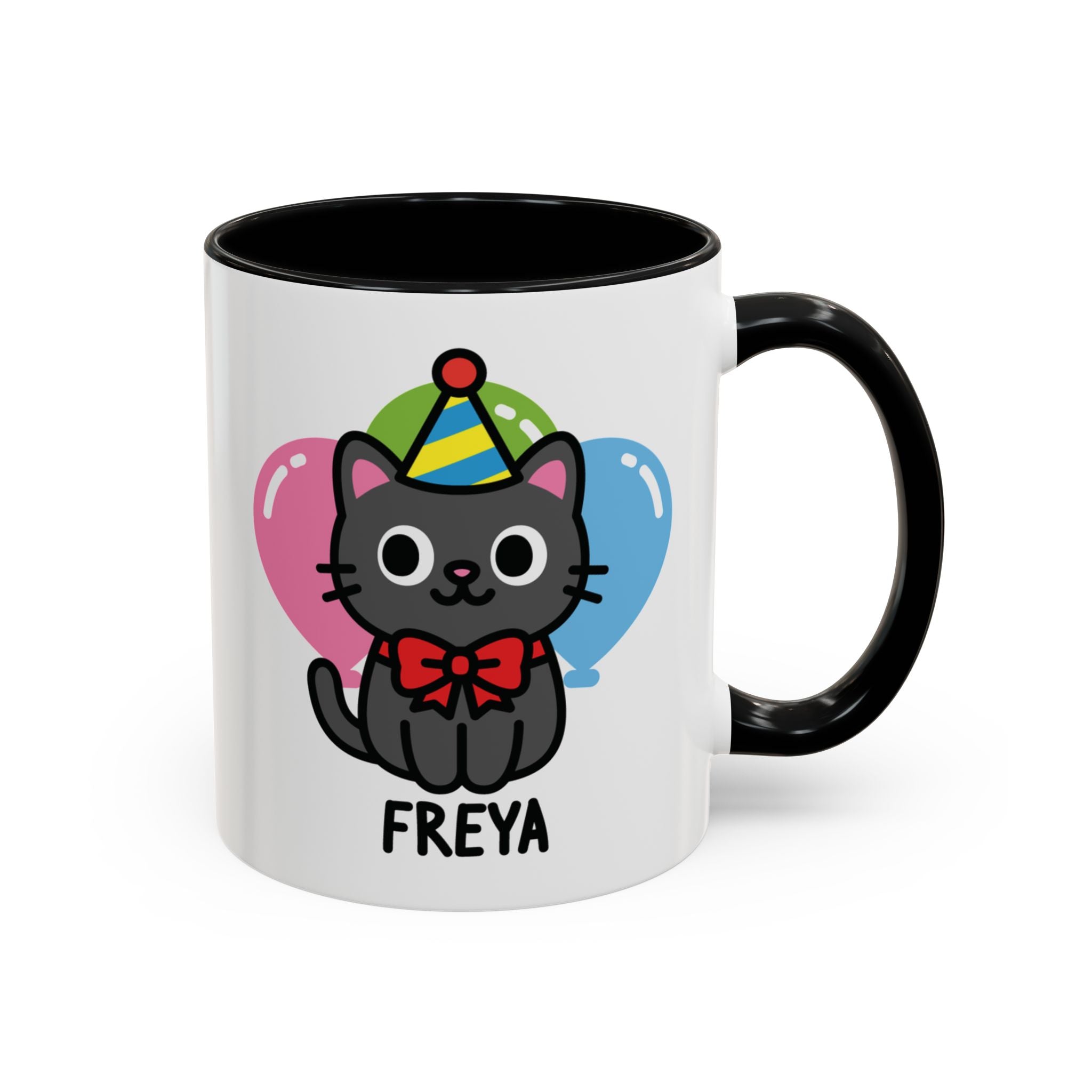 Cute Cat, Party Hat Custom Name Mug On A White Background with black accent colour