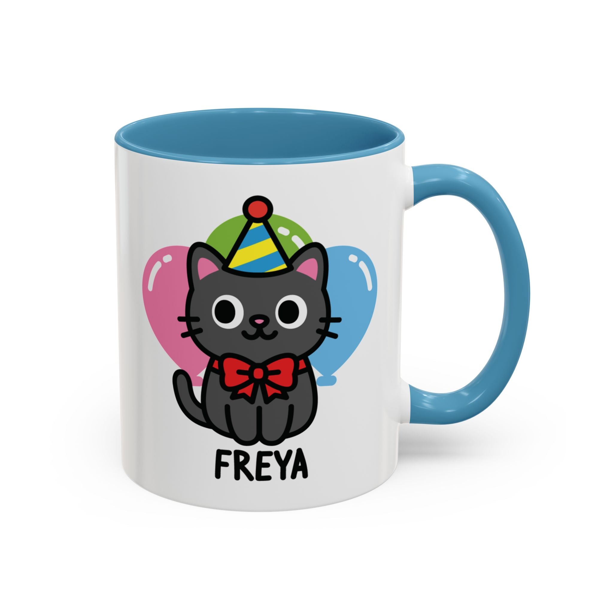 Cute Cat, Party Hat Custom Name Mug On A White Background with blue accent colour