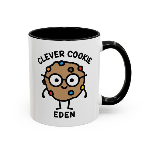 Cute Clever Cookie Custom Coffee Mug on White Background With Black Accent Colour