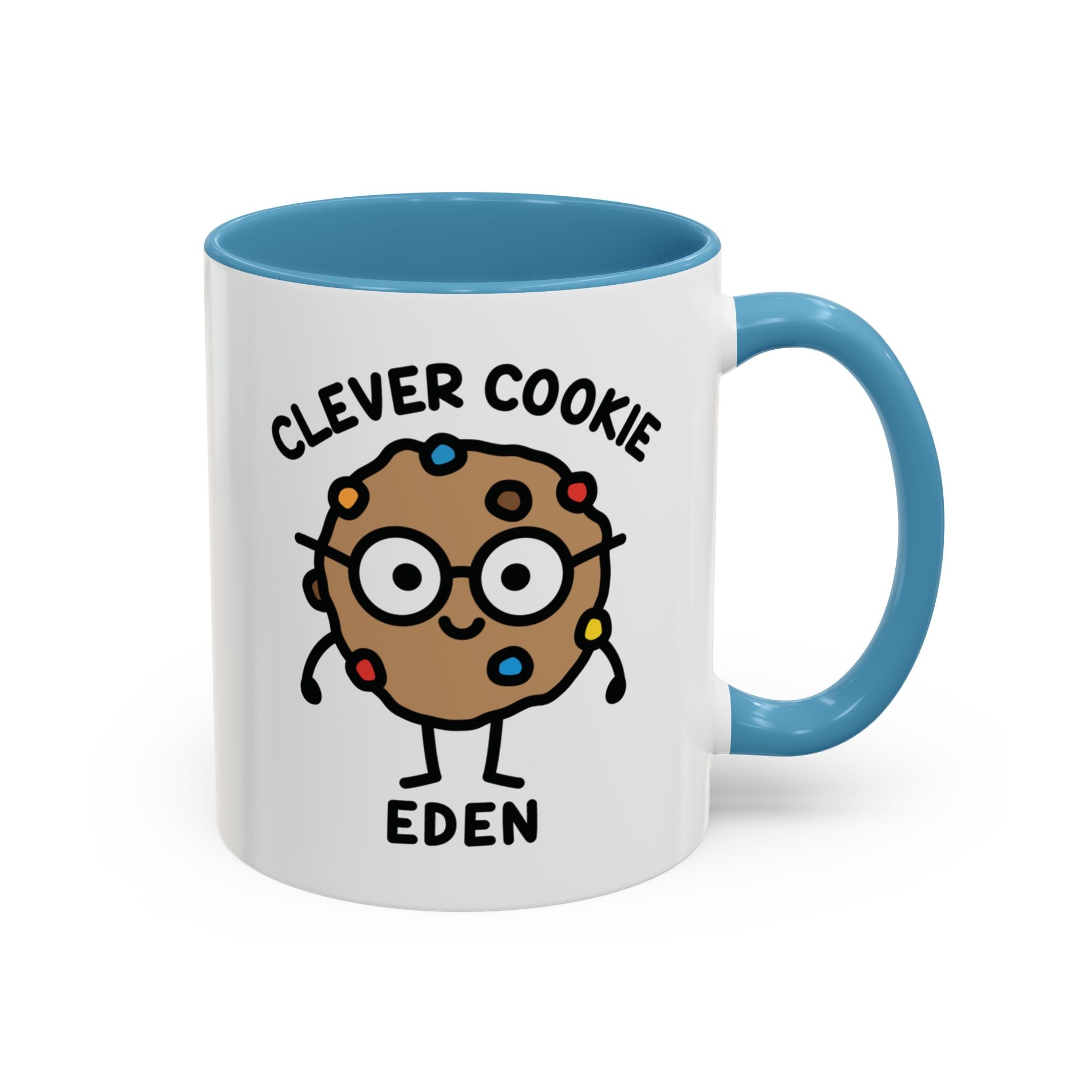Cute Clever Cookie Custom Coffee Mug on White Background With Blue Accent Colour