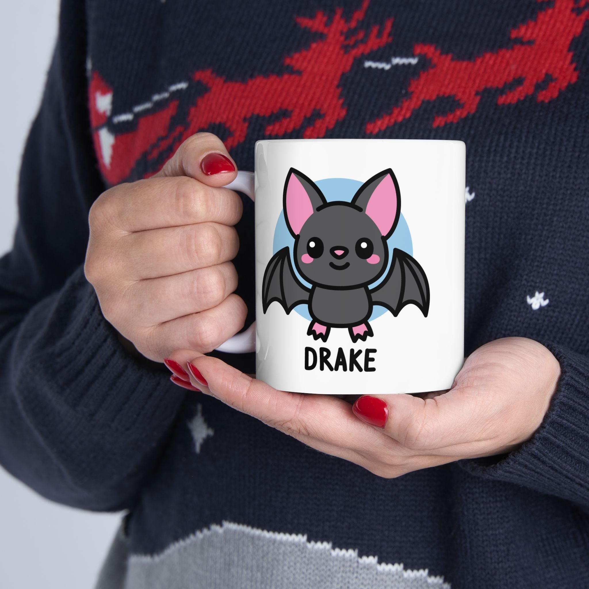 Cute Goth Bat Custom Coffee Mug Held By Person