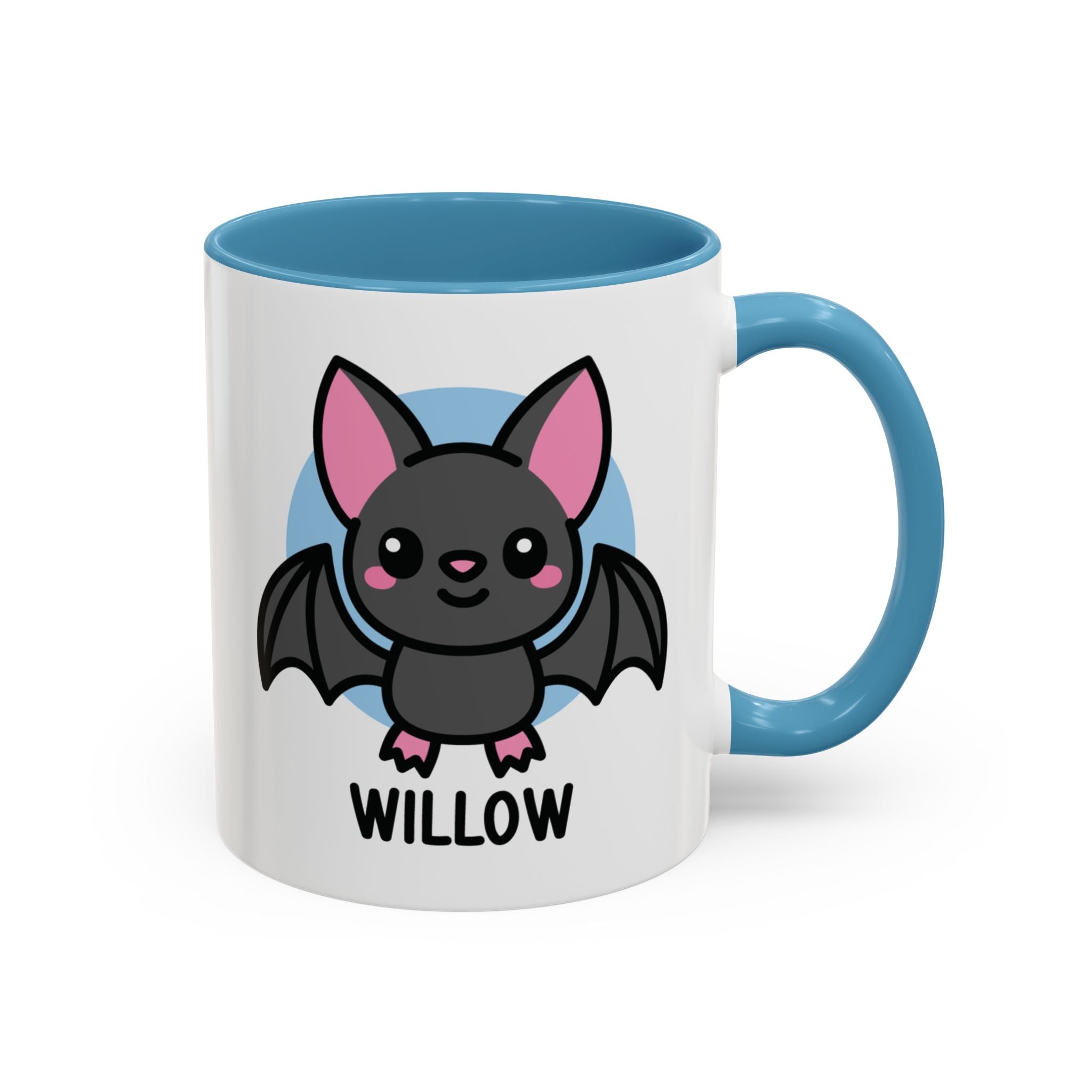 Cute Goth Bat Custom Coffee Mug On White Background With Blue Accent Colour