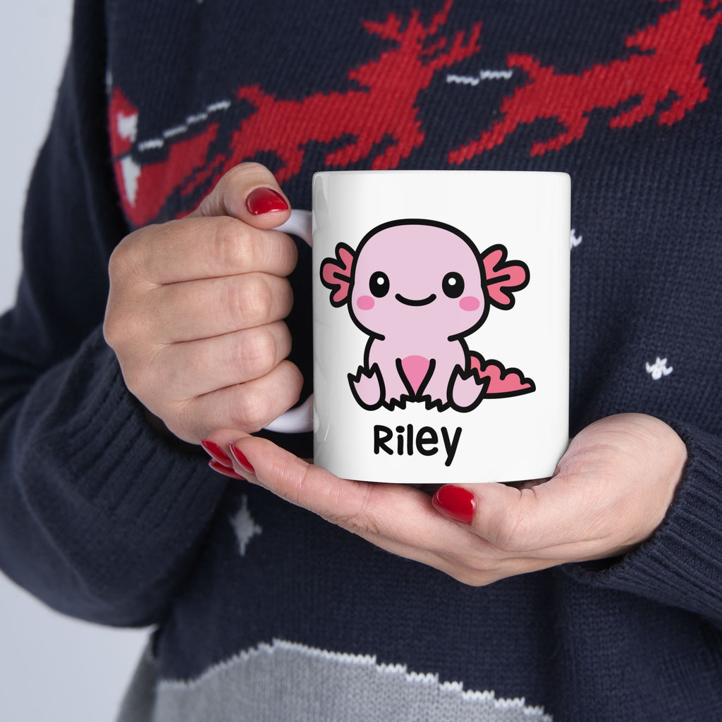 Cute Kawaii Axolotl Custom Coffee Mug Held By Person