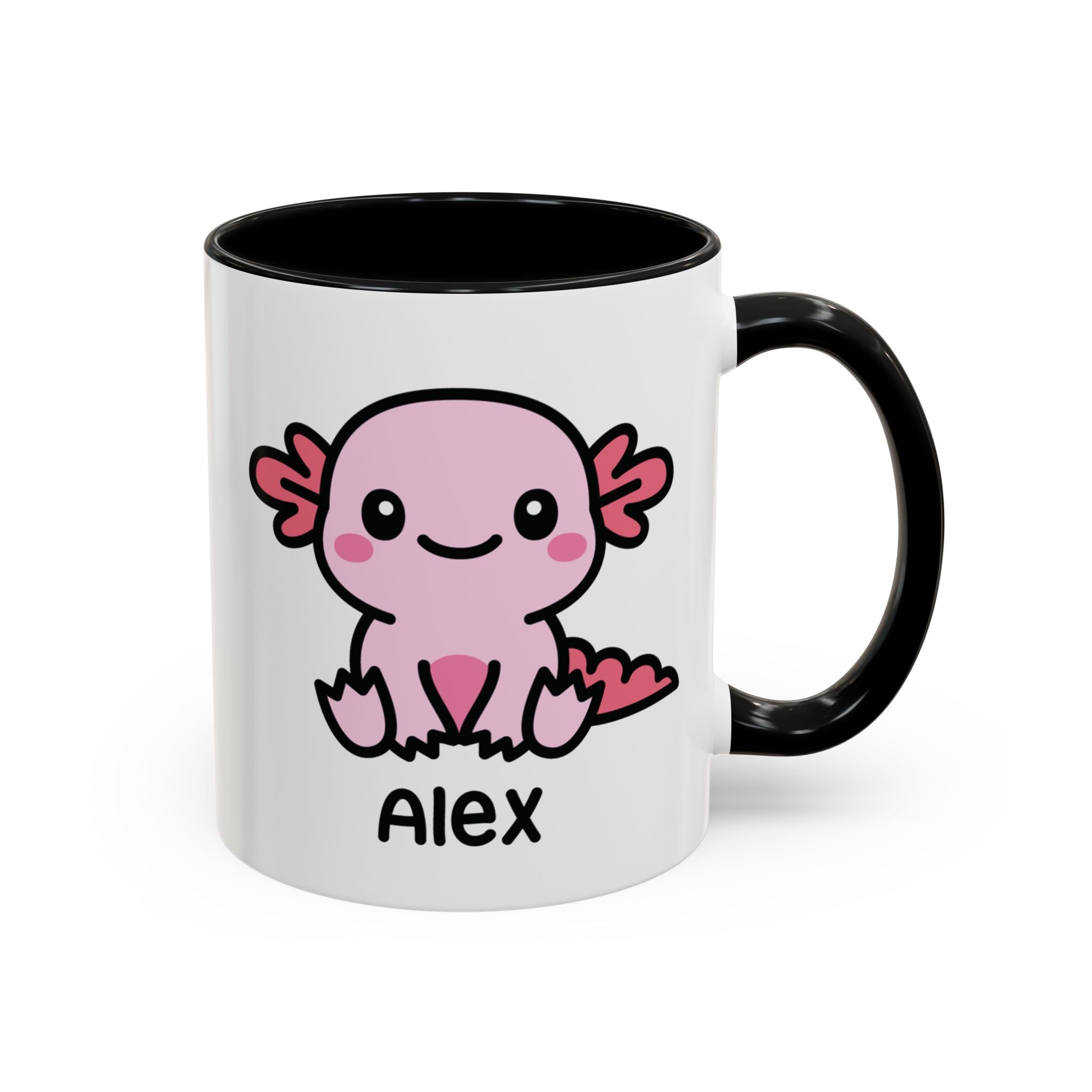 Cute Kawaii Axolotl Custom Coffee Mug on White Background With Black Accent Colour