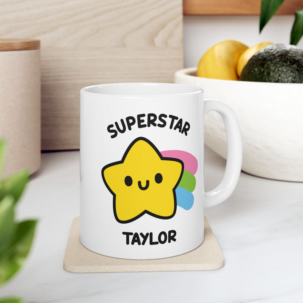 Cute Kawaii Superstar Custom Coffee Mug On Kitchen Background