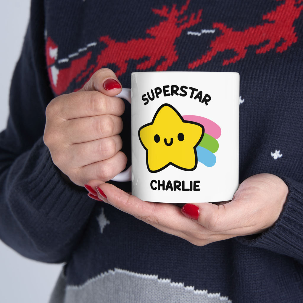 Cute Kawaii Superstar Custom Coffee Mug Held By Person