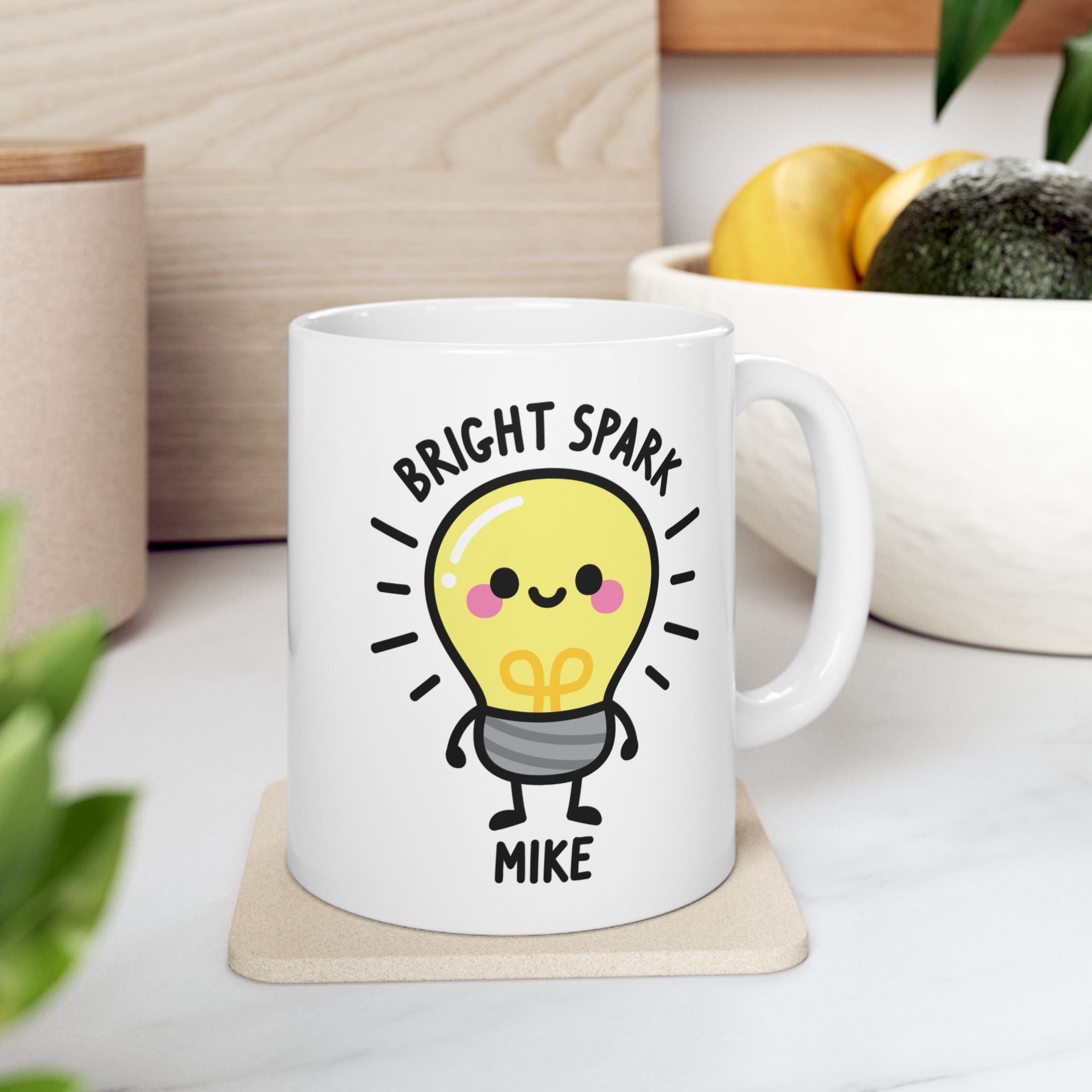 Cute Light Bulb Custom Name Mug On Kitchen Background