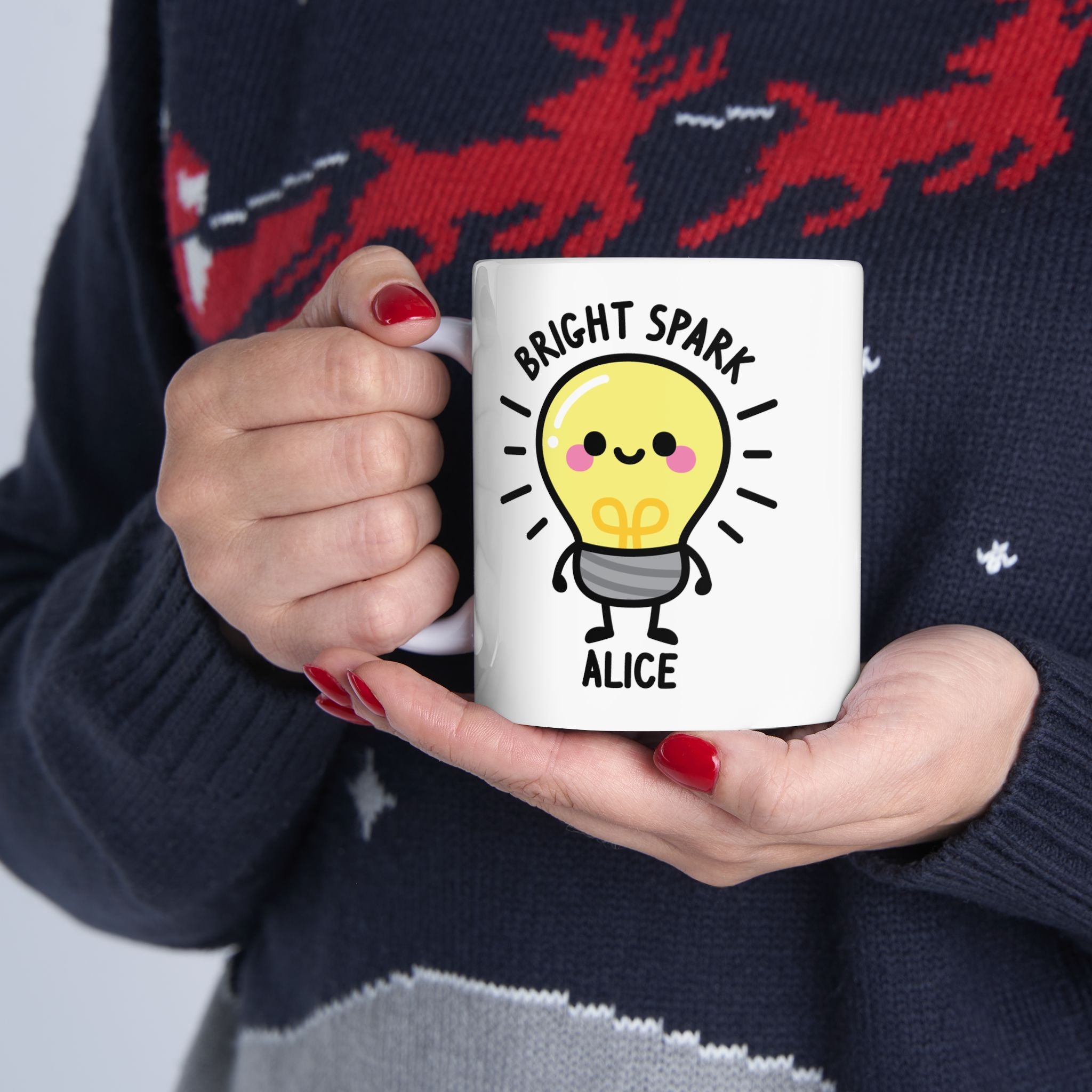 Cute Light Bulb Custom Name Mug Held By Person