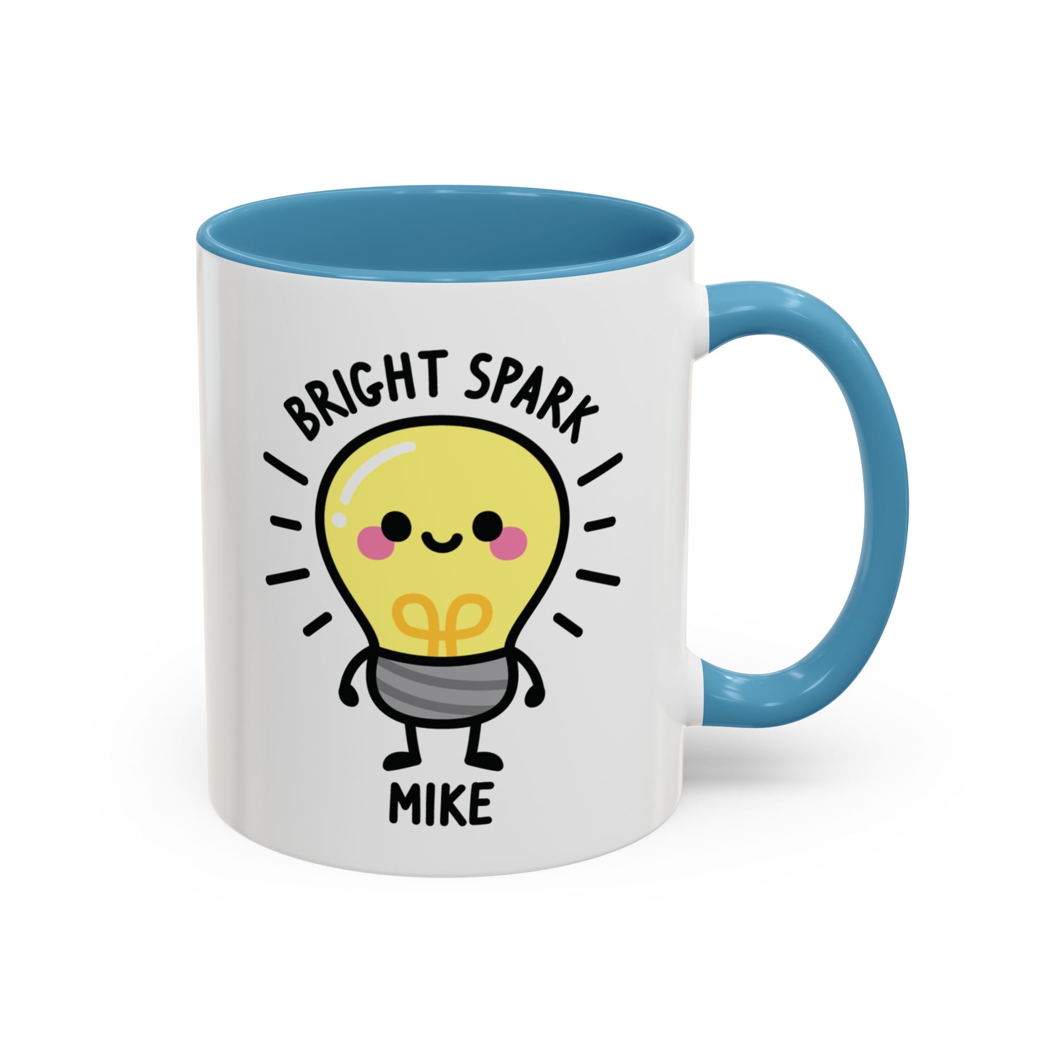 Cute Light Bulb Custom Name Mug on White Background With Blue Accent Colour