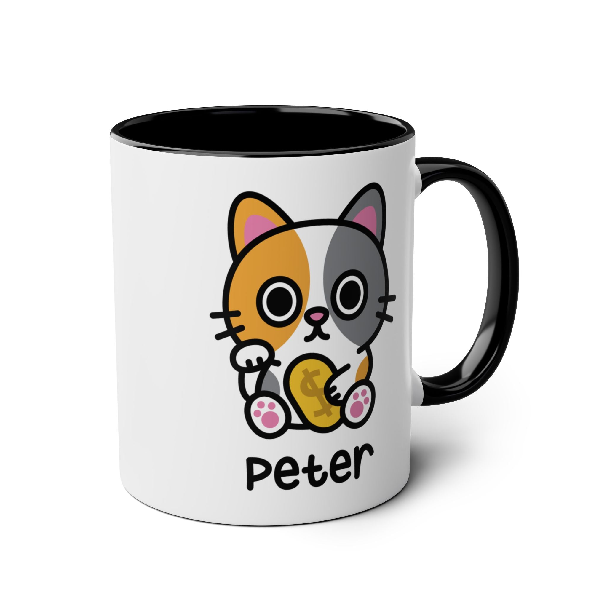 Cute Lucky Cat - 11oz Personalised Coffee Mug Black Accent