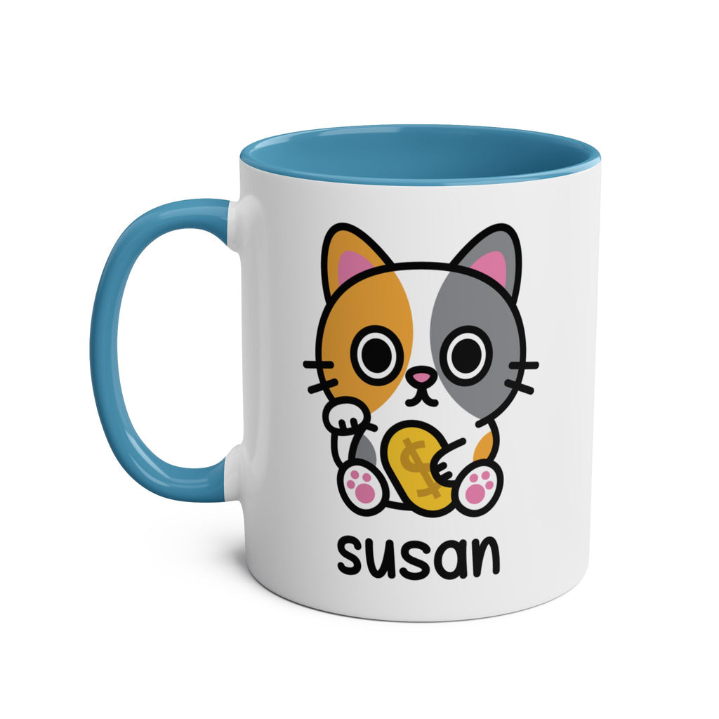Cute Lucky Cat - 11oz Personalised Coffee Mug Blue