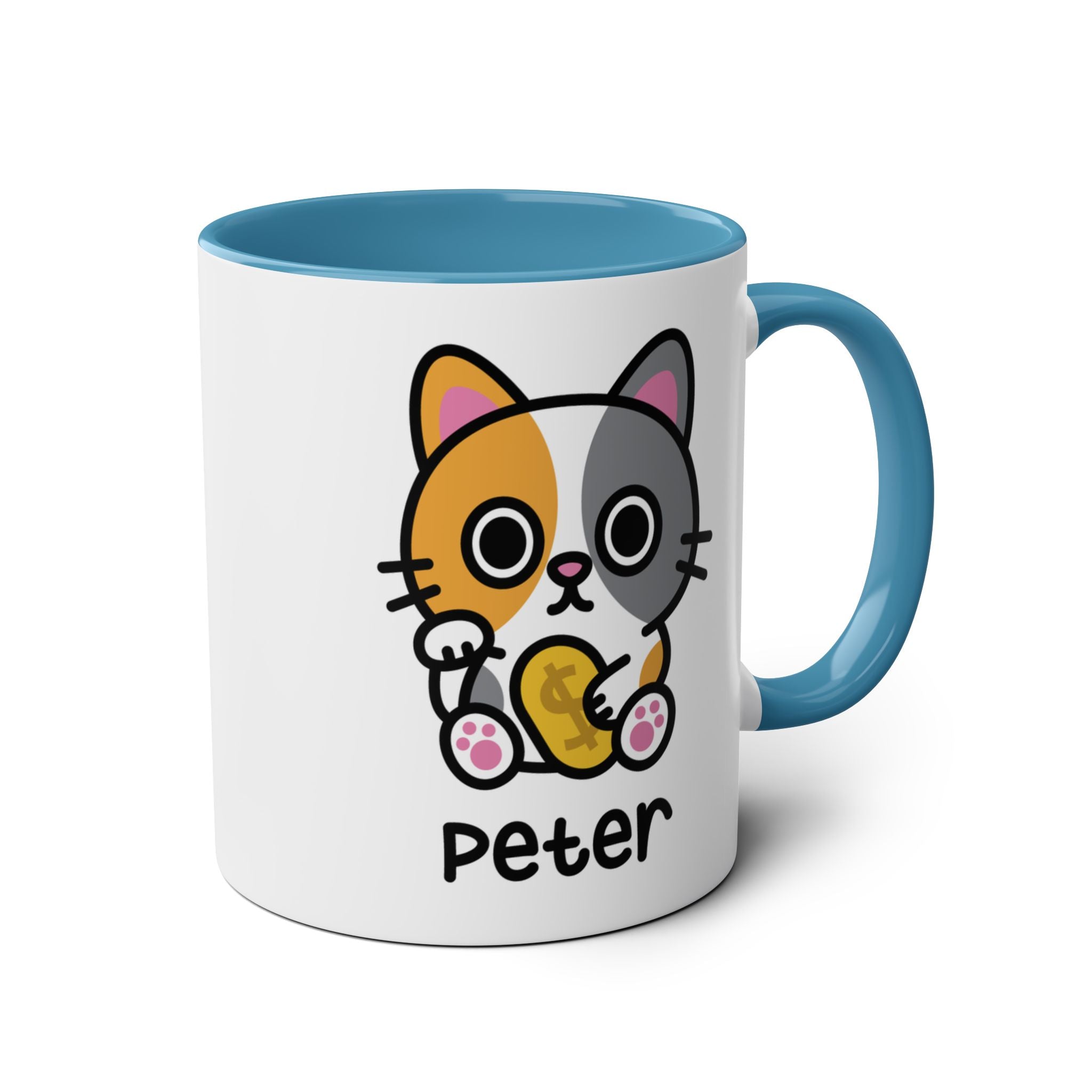 Cute Lucky Cat - 11oz Personalised Coffee Mug Blue Accent