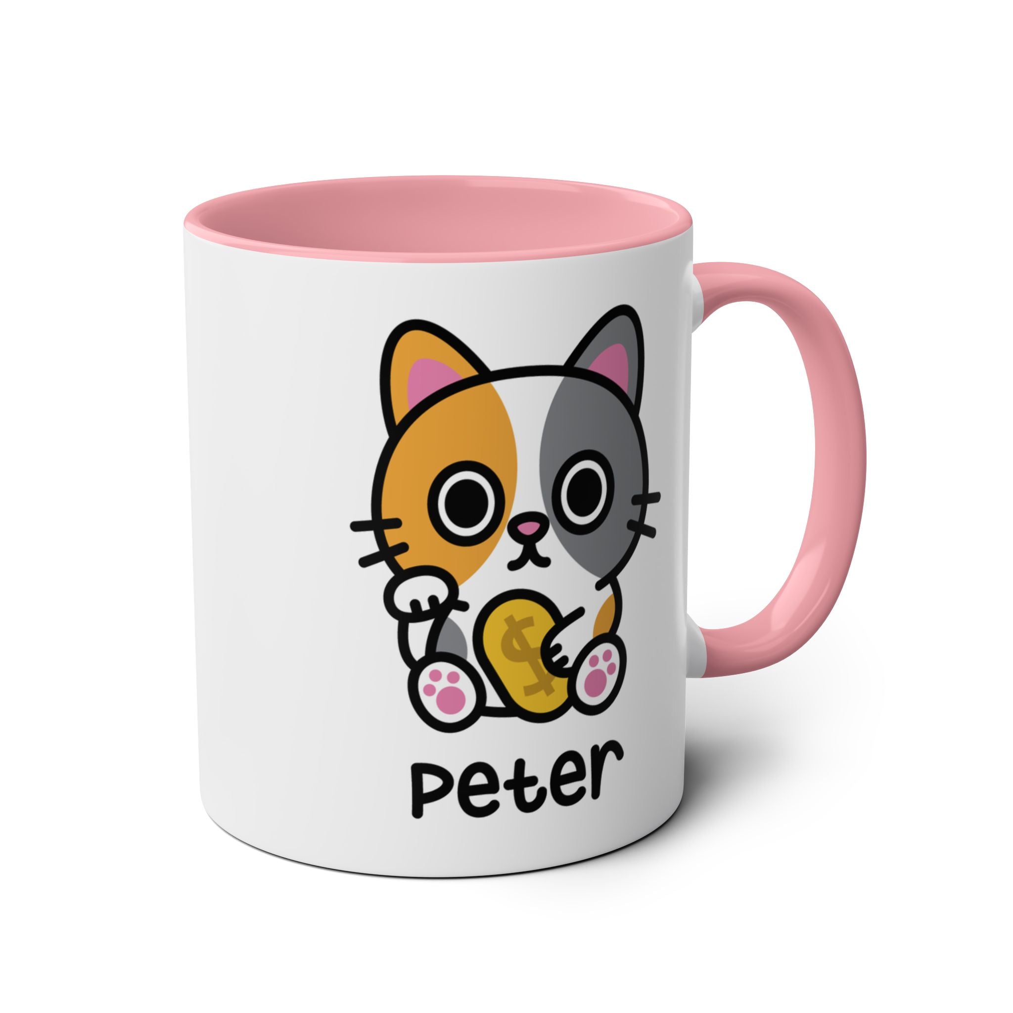 Cute Lucky Cat - 11oz Personalised Coffee Mug Pink Accent