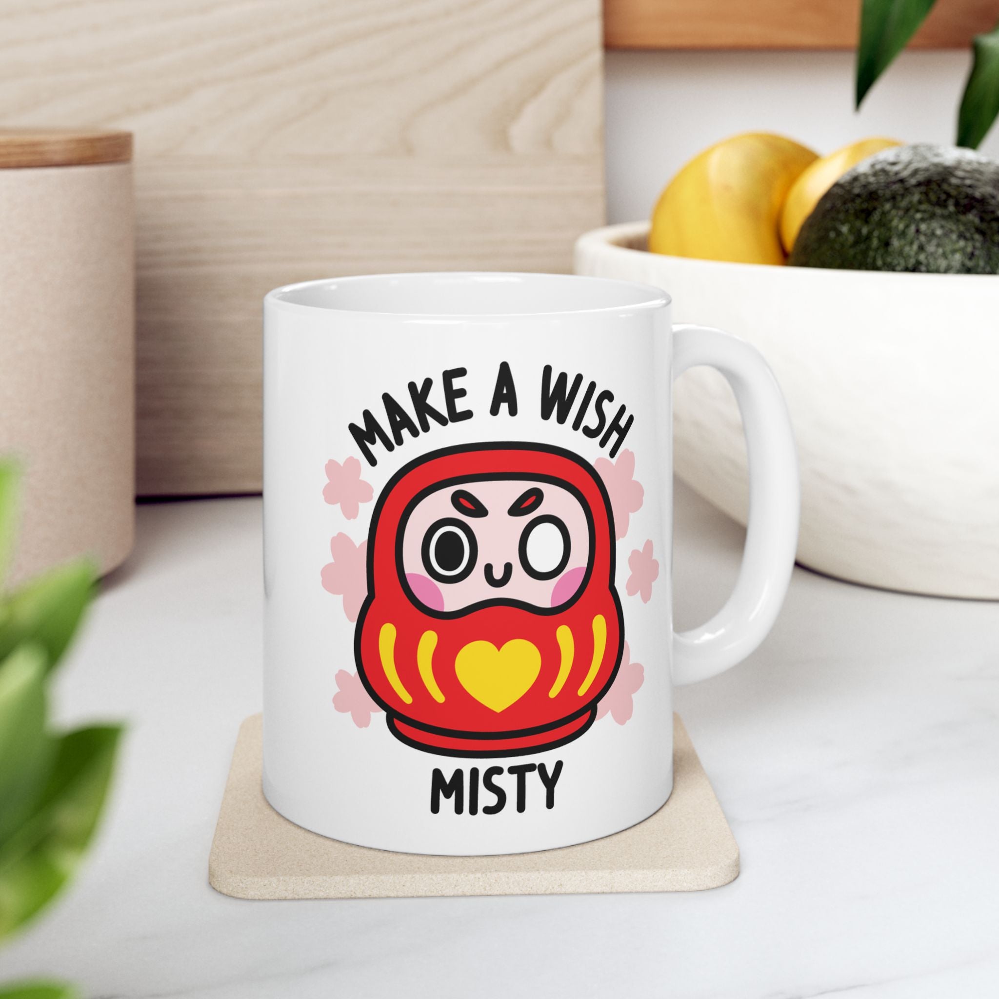 Cute Lucky Daruma - Custom Ceramic Mug On Kitchen Background