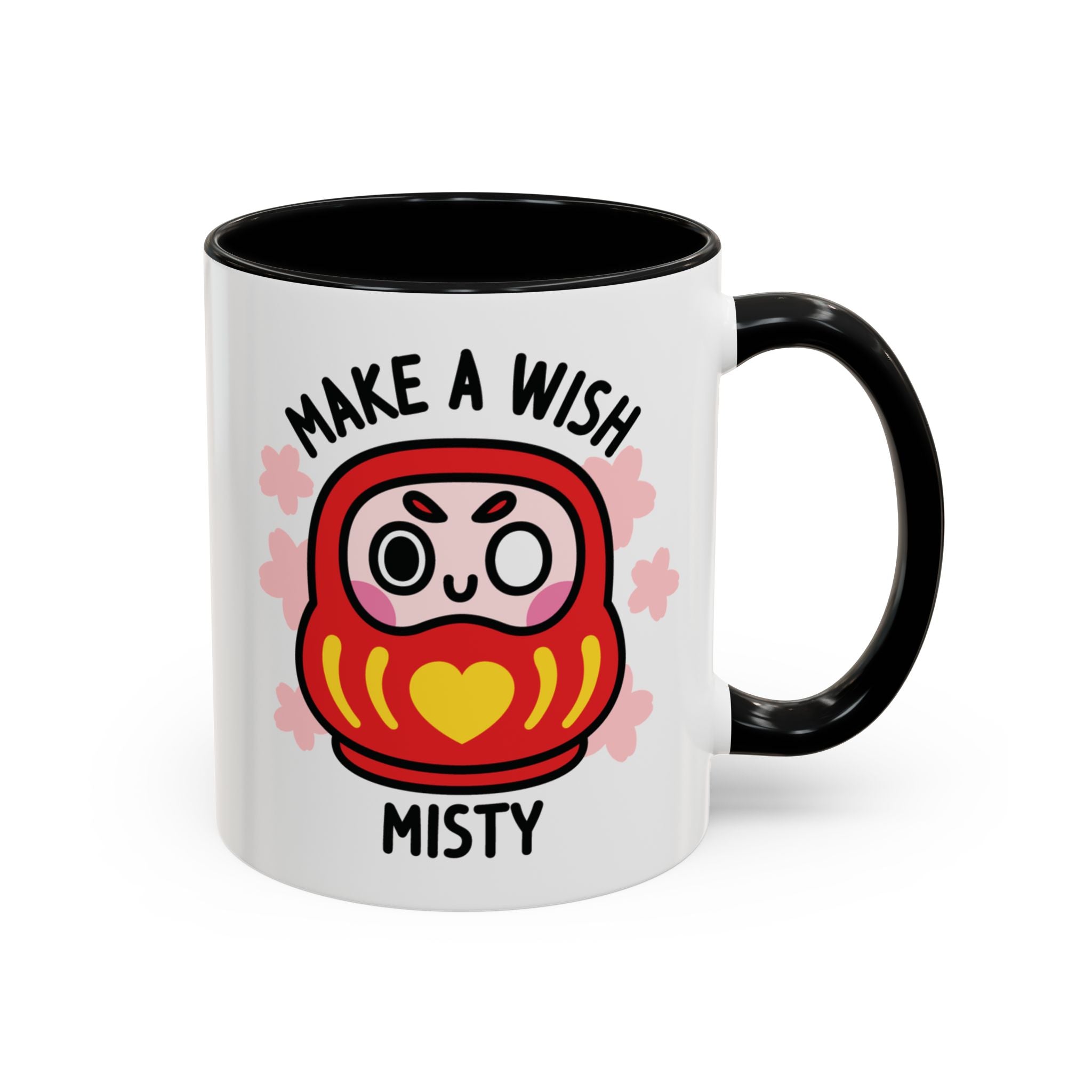 Cute Lucky Daruma Custom Ceramic Mug On White Background With Black Accent Colour