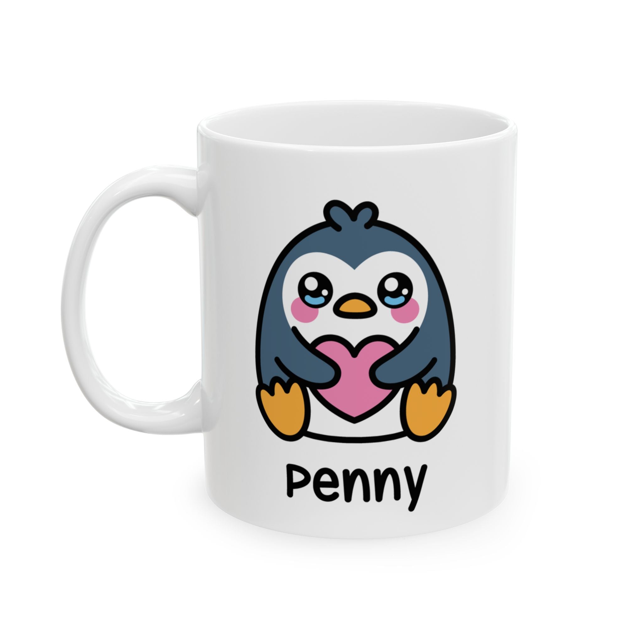 White mug with a cartoon penguin holding a heart on a white background