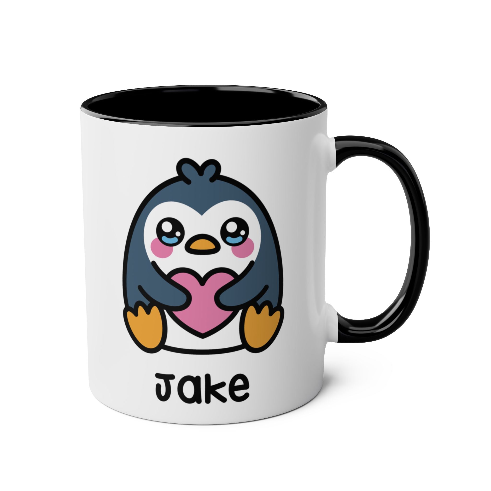 Mug with a cartoon penguin holding a heart on a white background black accent
