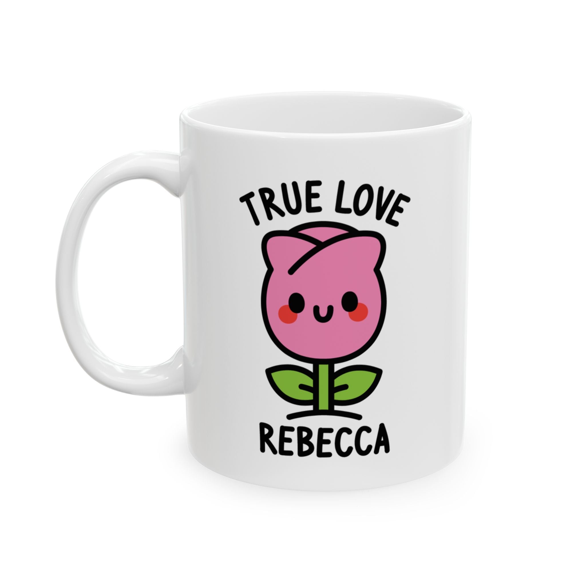 Cute Pink Rose Personalised Name Mug on White Background
