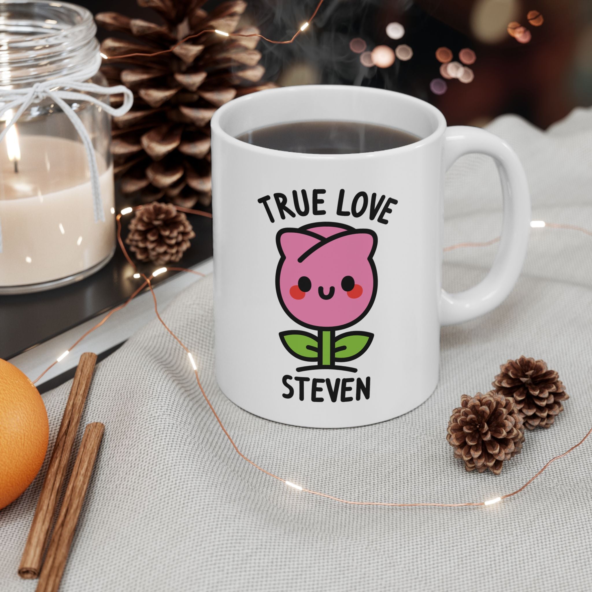 Cute Pink Rose Personalised Name Mug on festive background