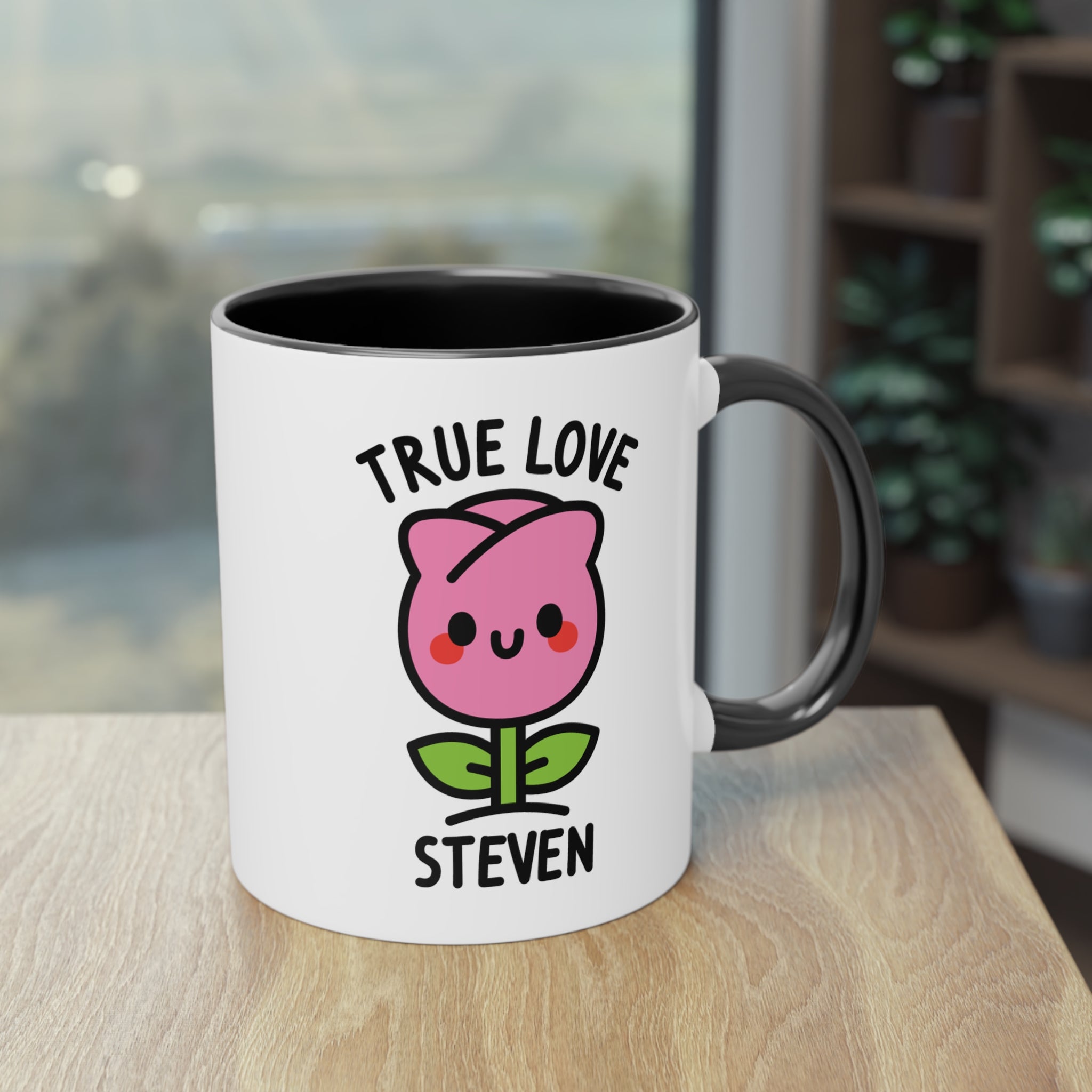 Cute Thank You Rose Personalised Coffee Mug on table with black accent colour