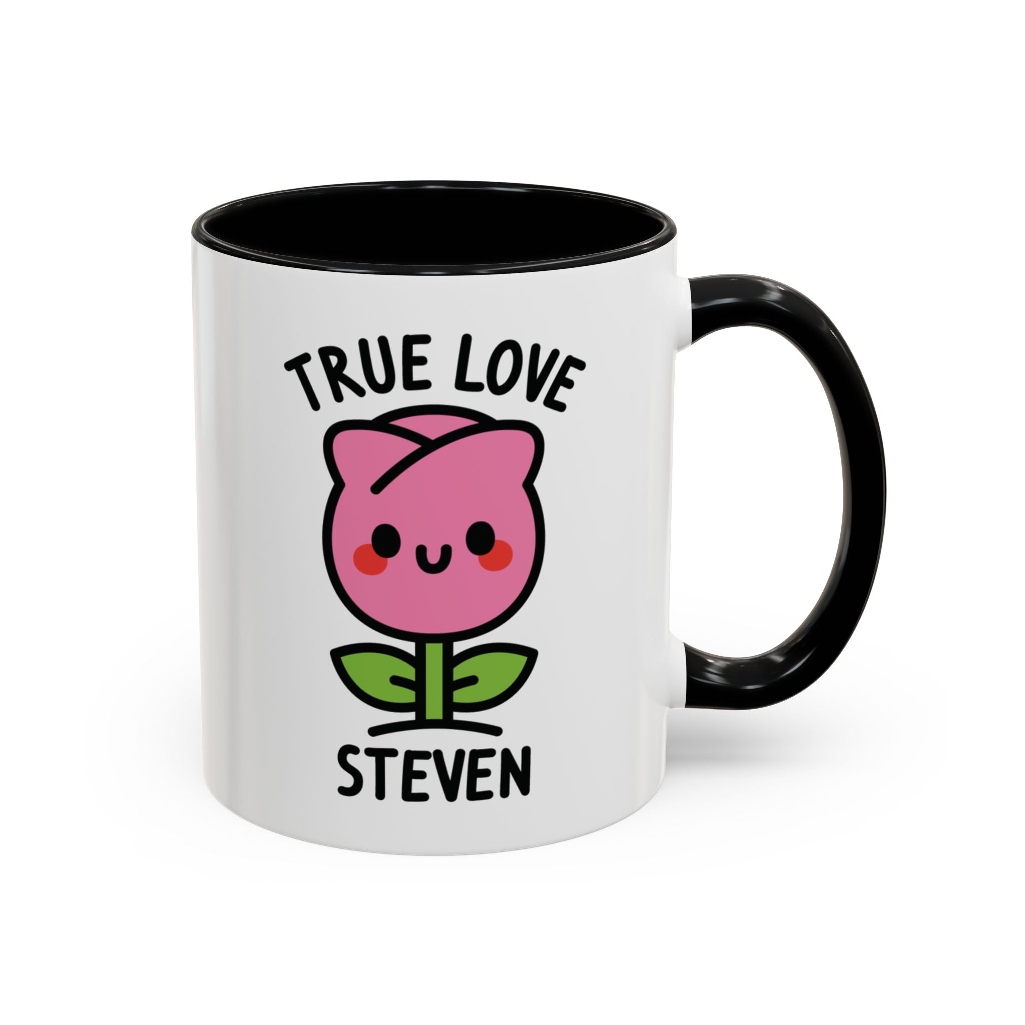 Cute Pink Rose Personalised Name Mug on White Background with black accent colour