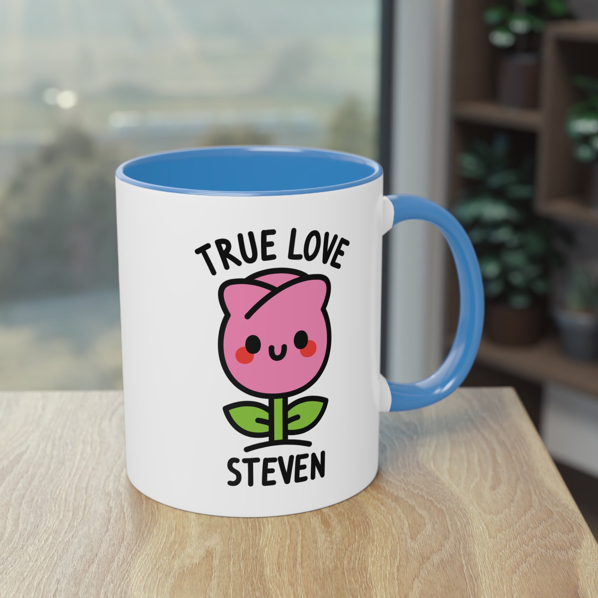 Cute Thank You Rose Personalised Coffee Mug on table with blue accent colour