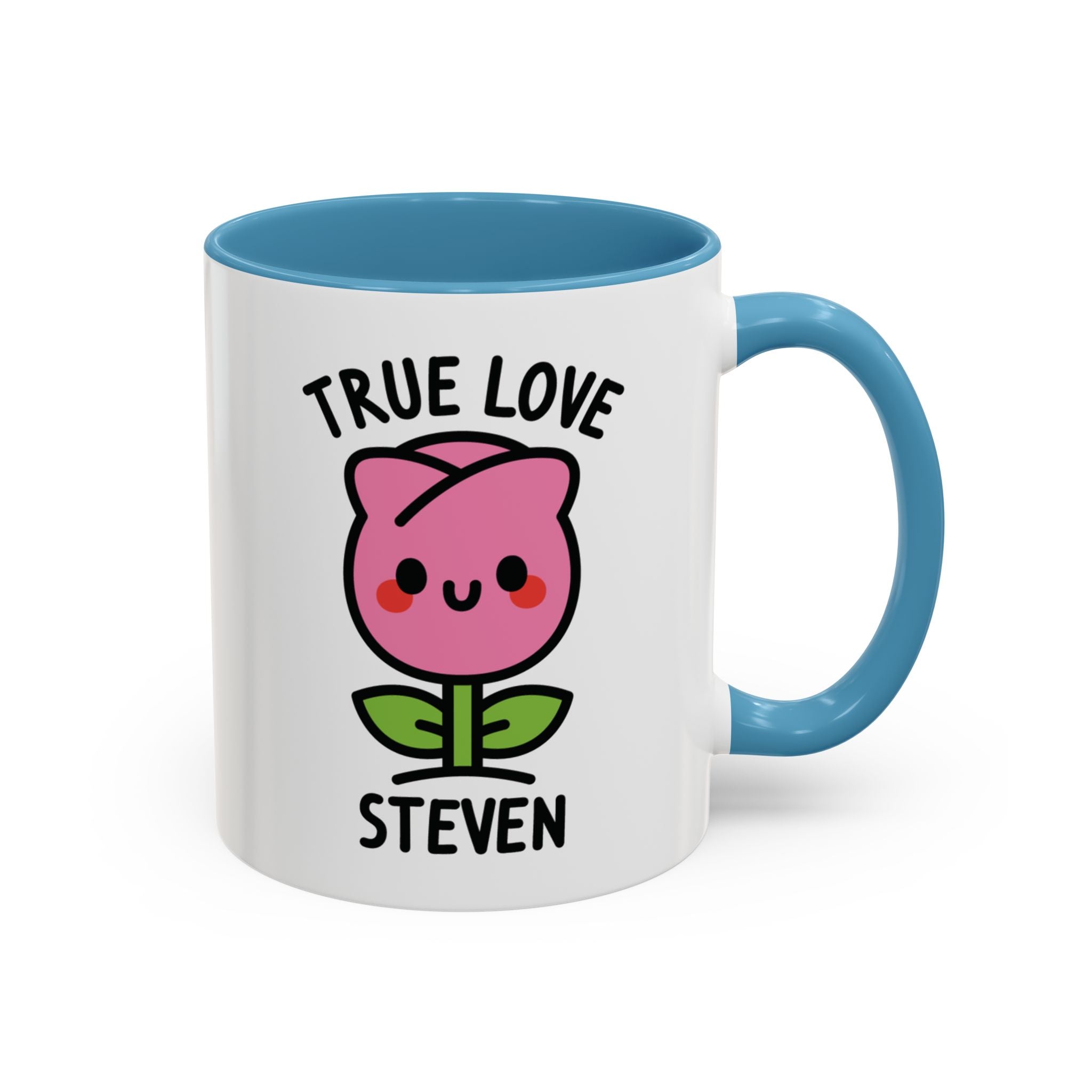 Cute Pink Rose Personalised Name Mug on White Background with blue accent colour