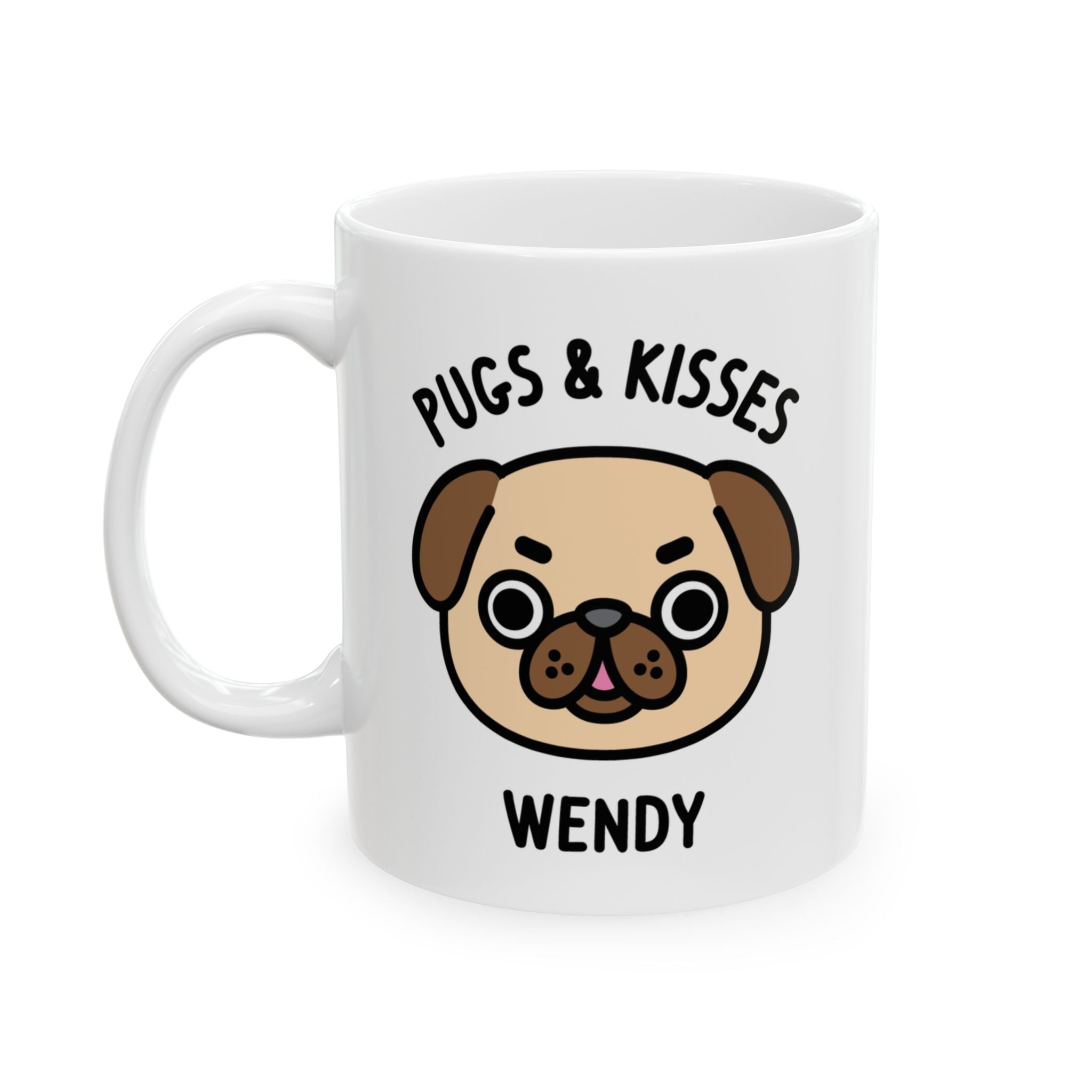 a white mug with a pug dog illustration on a white background