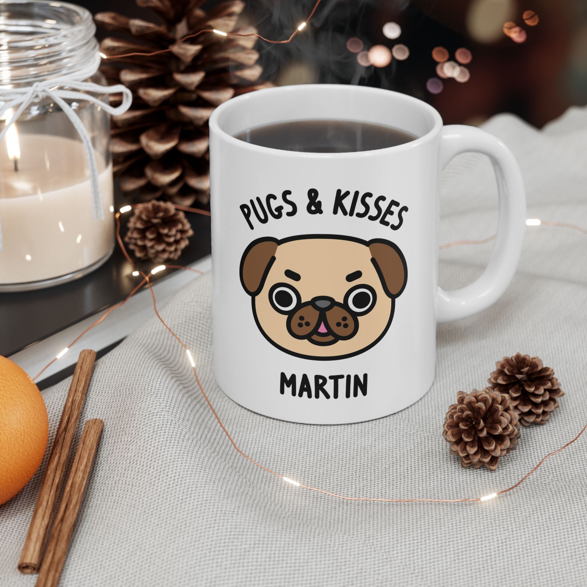 a white coffee mug with a pug dog illustration on a festive background