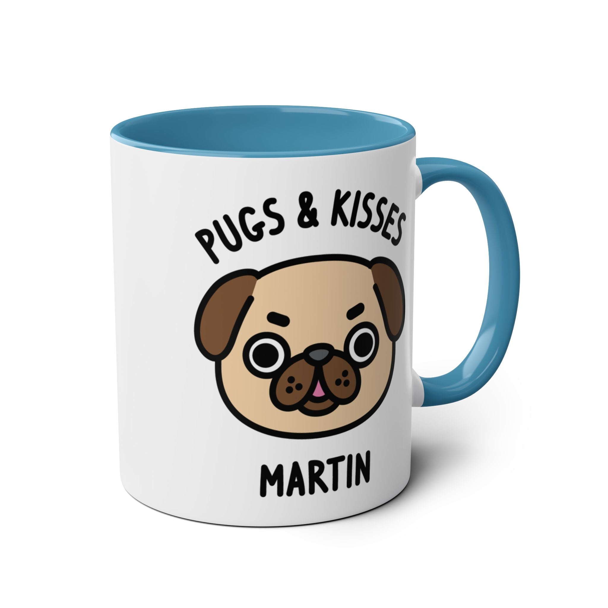 a white mug with a pug dog illustration on a white background with blue accent colour